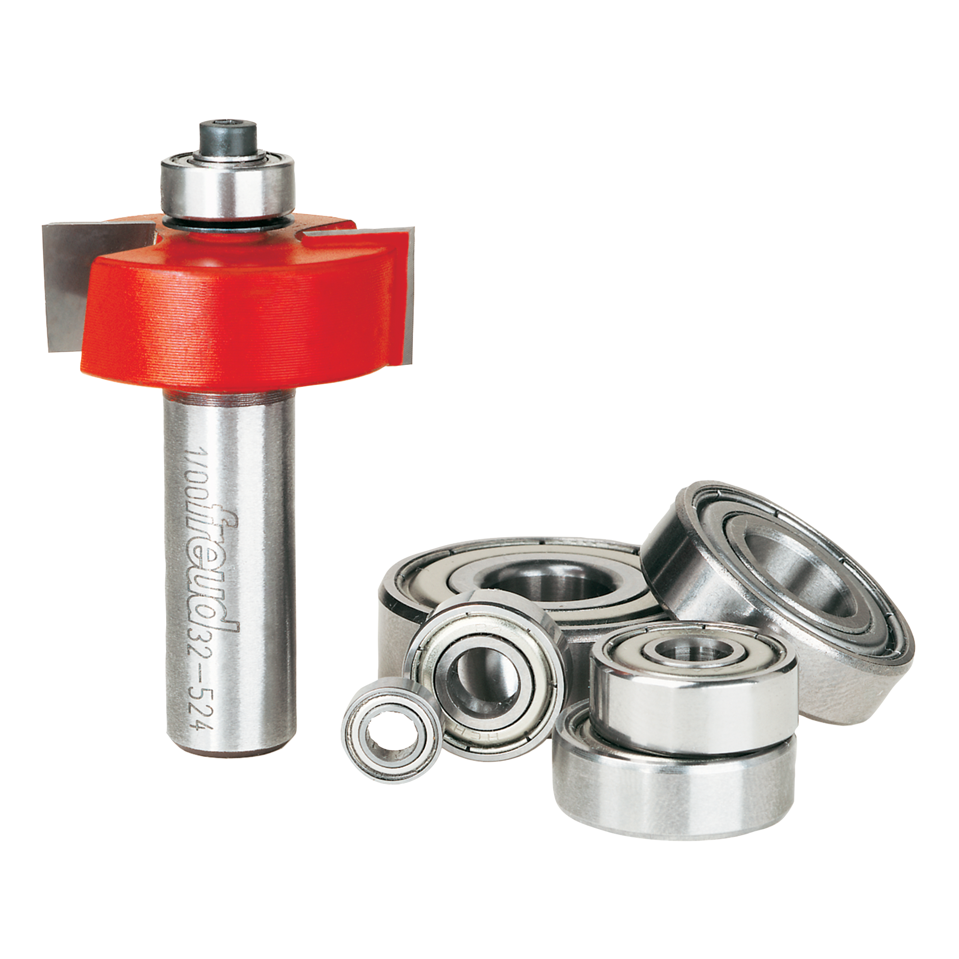 Freud rabbeting bit with red cutting head, metal shaft, and six ball bearings of varying sizes.