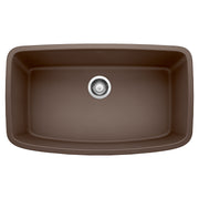 Cafe brown single basin undermount sink with rounded corners and chrome drain strainer.