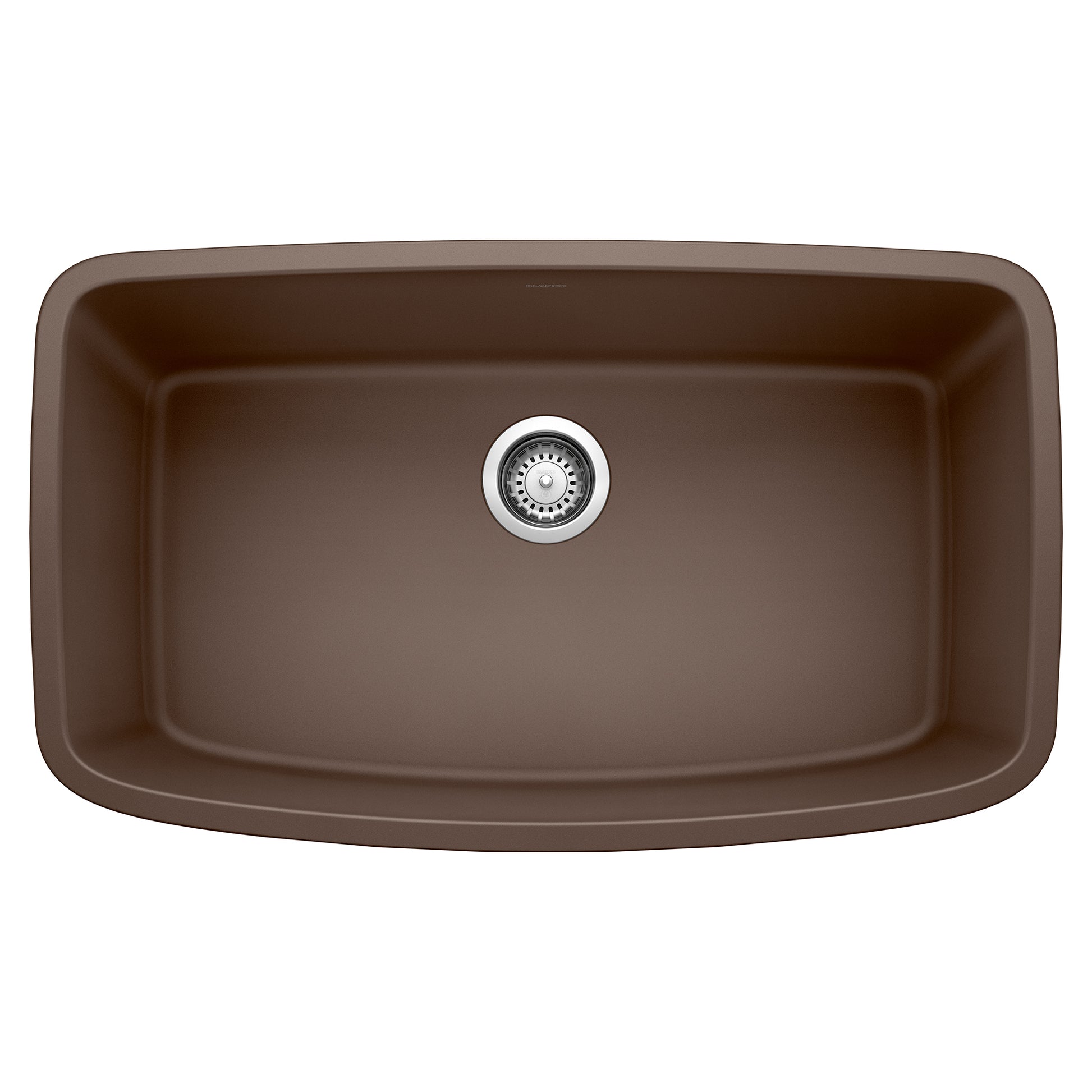 Cafe brown single basin undermount sink with rounded corners and chrome drain strainer.