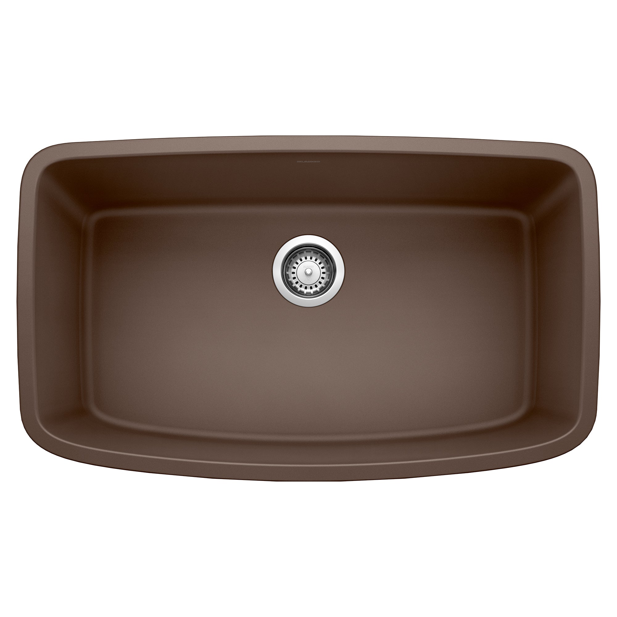 Cafe brown single basin undermount sink with rounded corners and chrome drain strainer.
