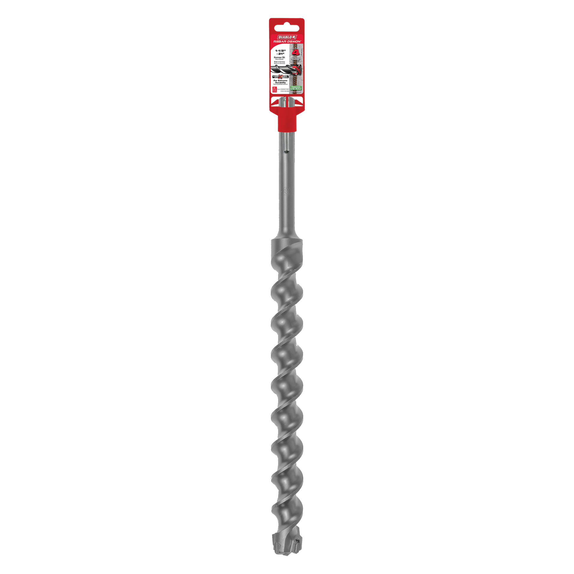 Long gray SDS-Max hammer drill bit with spiral flutes and four-cutter carbide tip, packaged in red cardboard header.