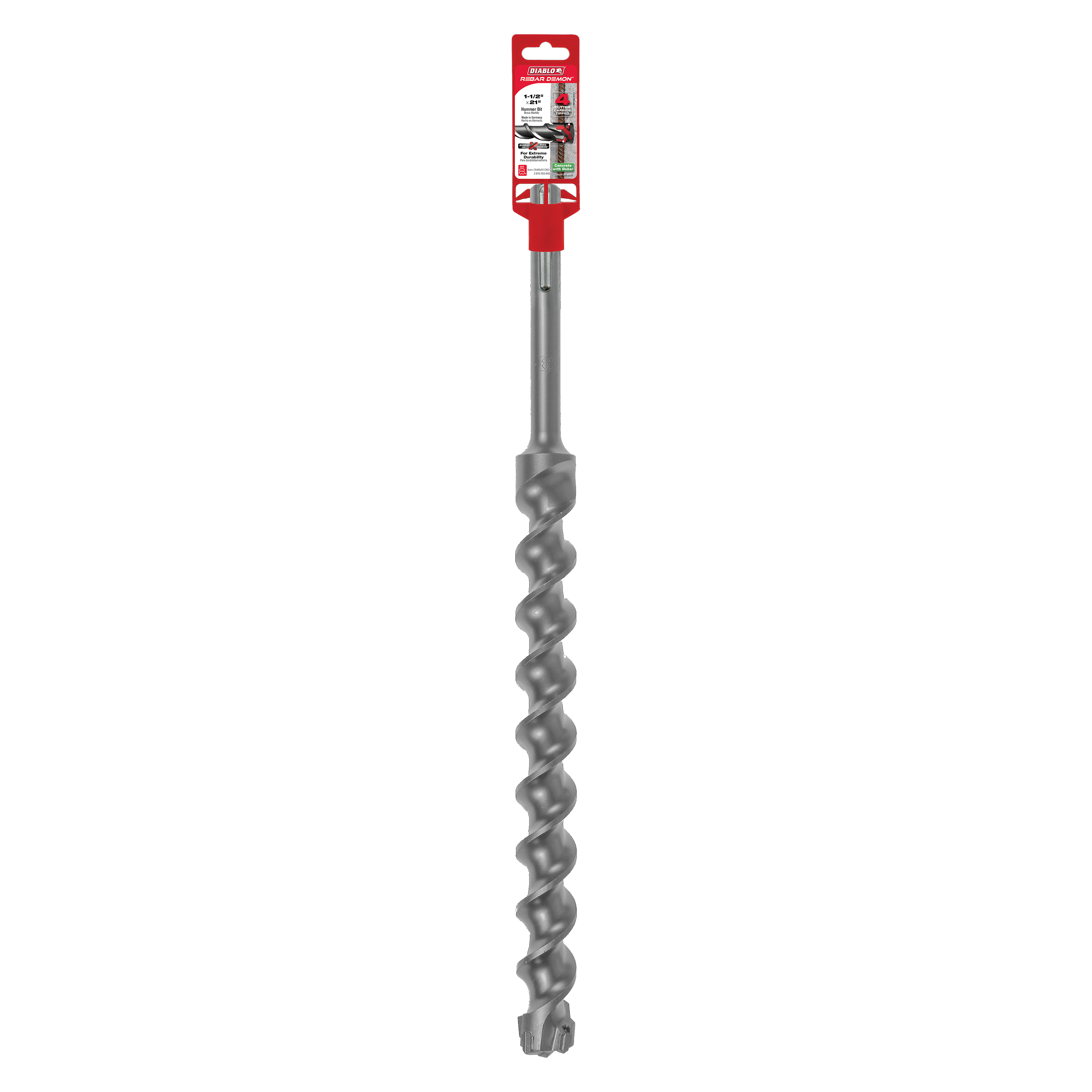 Long gray SDS-Max hammer drill bit with spiral flutes and four-cutter carbide tip, packaged in red cardboard header.