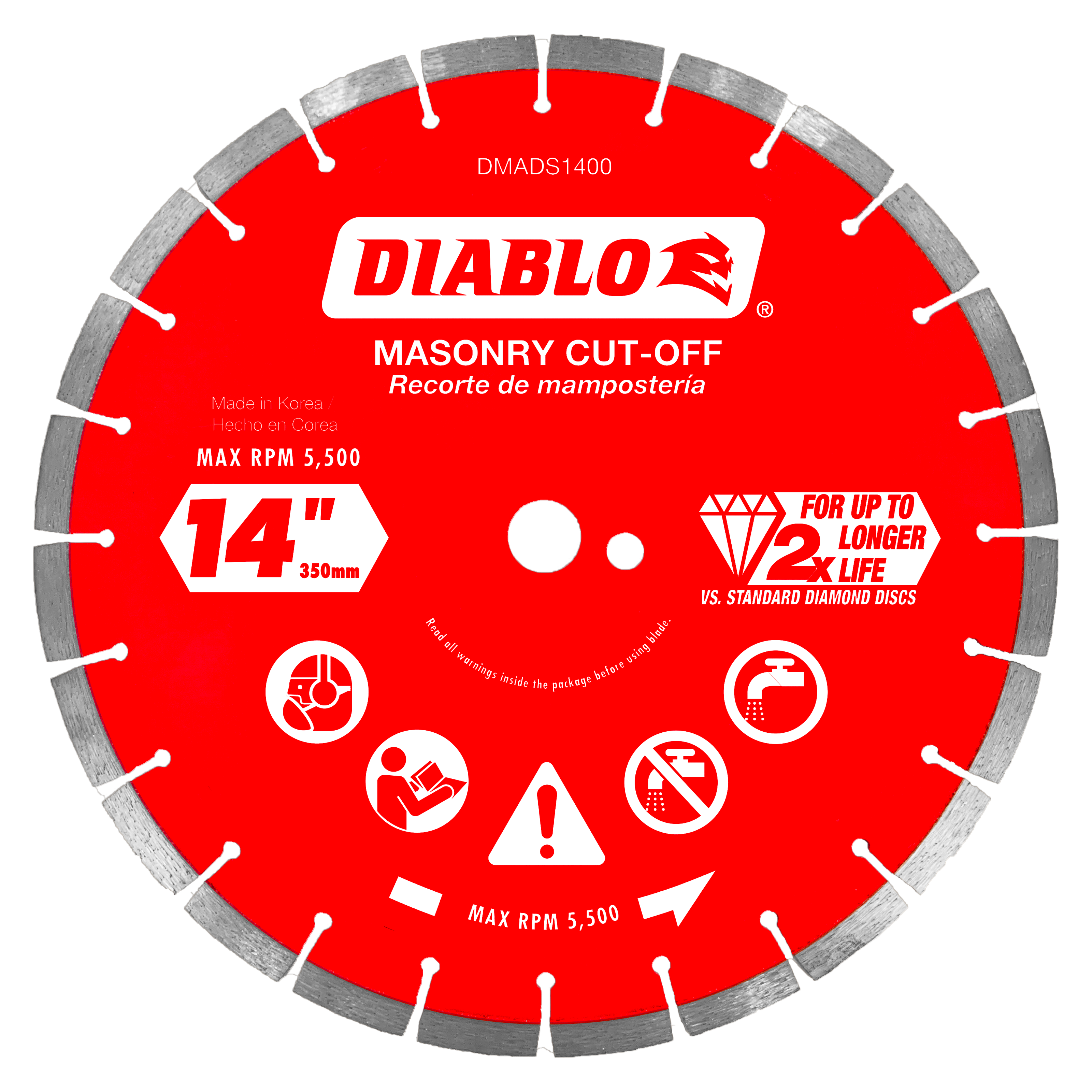 14-inch red diamond segmented cut-off disc with gray diamond-coated rim and center hole.