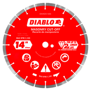 14-inch red diamond segmented masonry cut-off disc with gray diamond teeth around the perimeter.