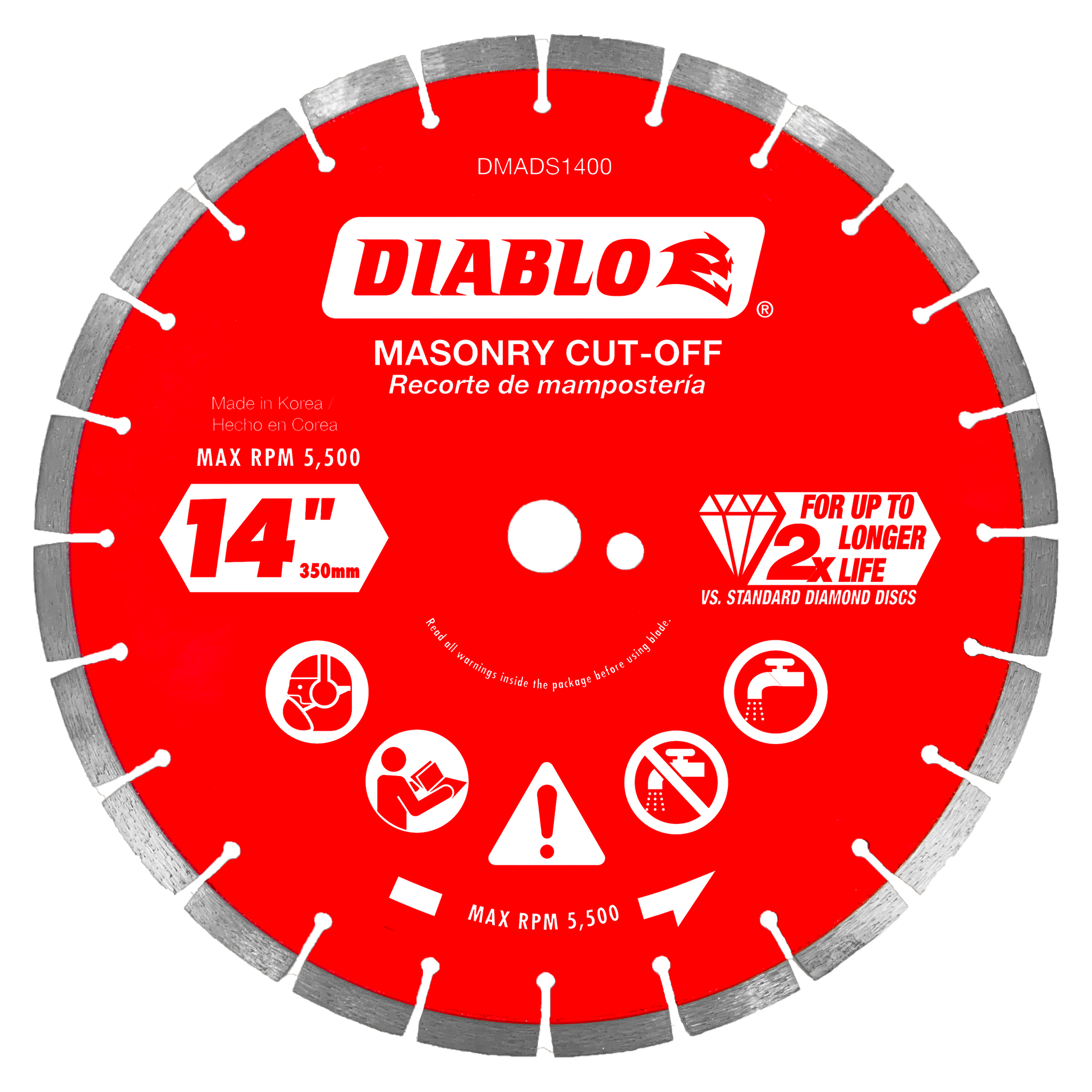 14-inch red diamond segmented masonry cut-off disc with gray diamond teeth around the perimeter.