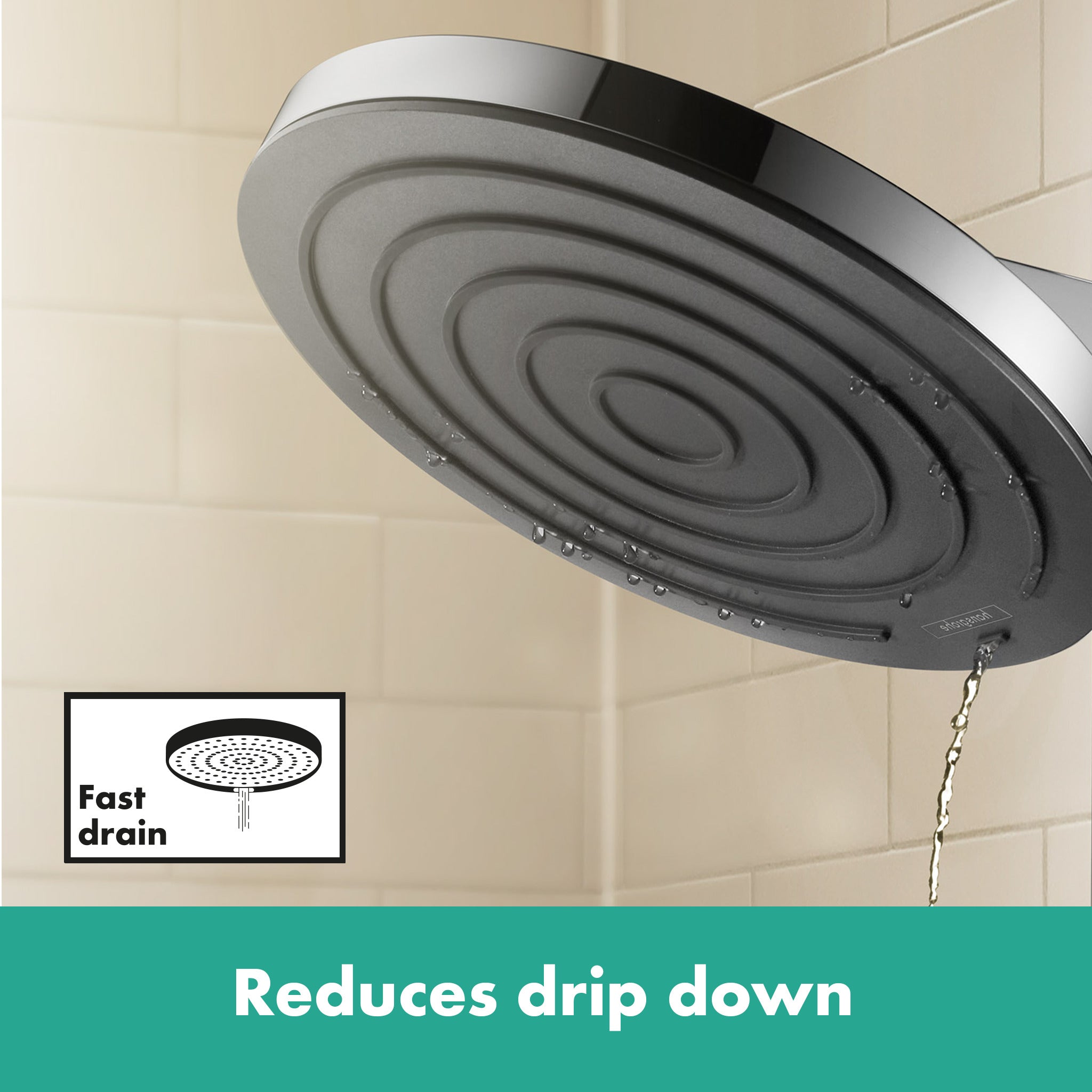 Brushed nickel round shower head with concentric spiral pattern and small jet holes around the rim.