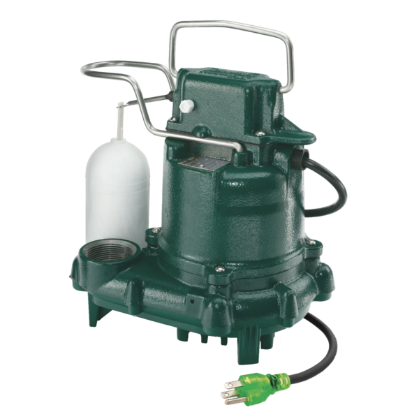 Green cast iron sump pump with white float switch, metal handle, and black power cord with green plug.