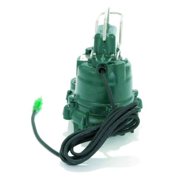 Green cast iron sump pump with clear plastic float switch and black power cord.