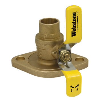 Brass ball valve with yellow handle and mounting flange, 1-1/2" size.