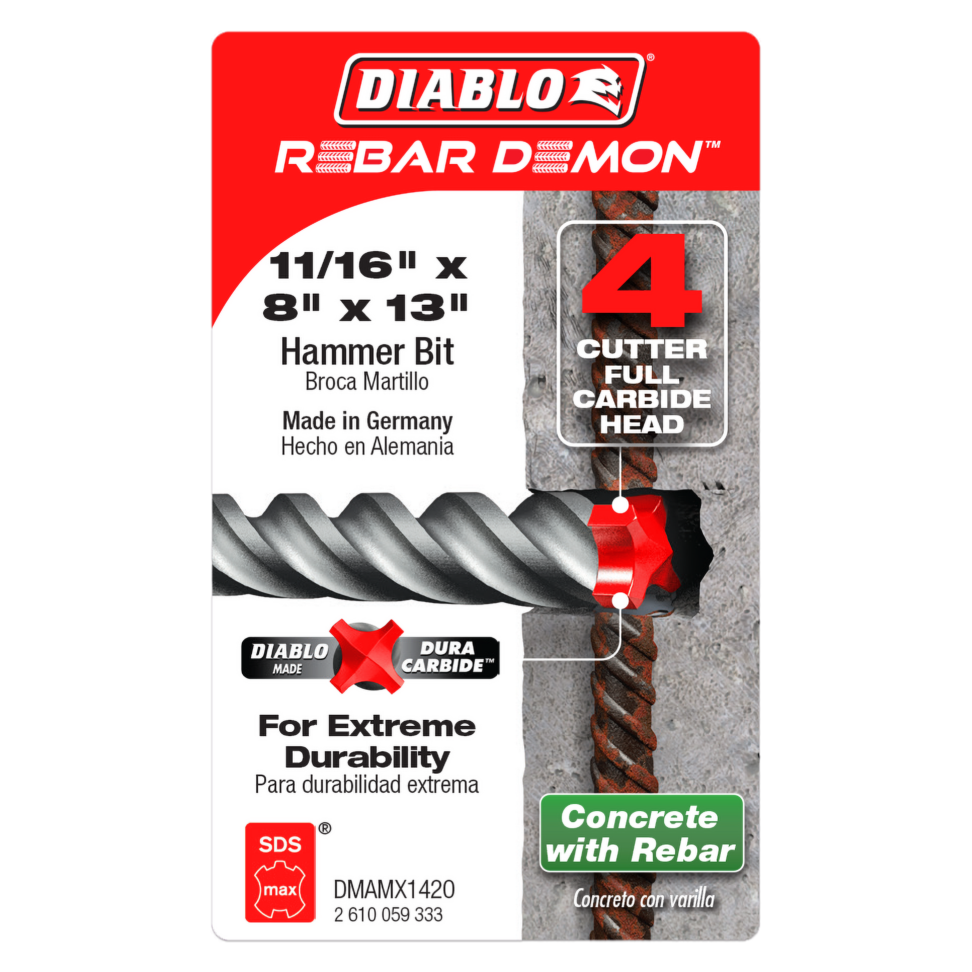 Diablo Rebar Demon SDS-Max hammer drill bit with 4-cutter full carbide head, 11/16" x 8" x 13", displayed on packaging with c