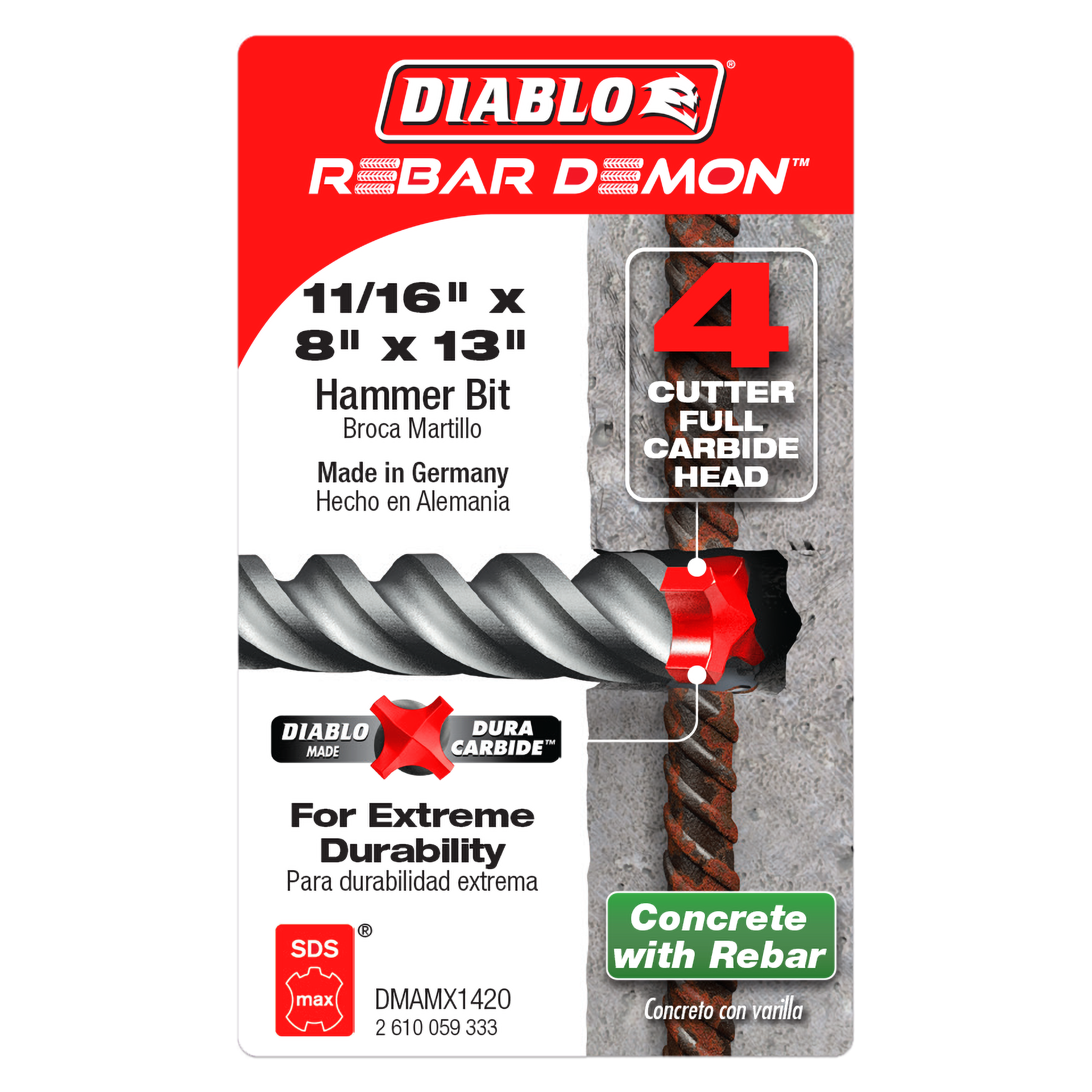 Diablo Rebar Demon SDS-Max hammer drill bit with 4-cutter full carbide head, 11/16" x 8" x 13", displayed on packaging with c