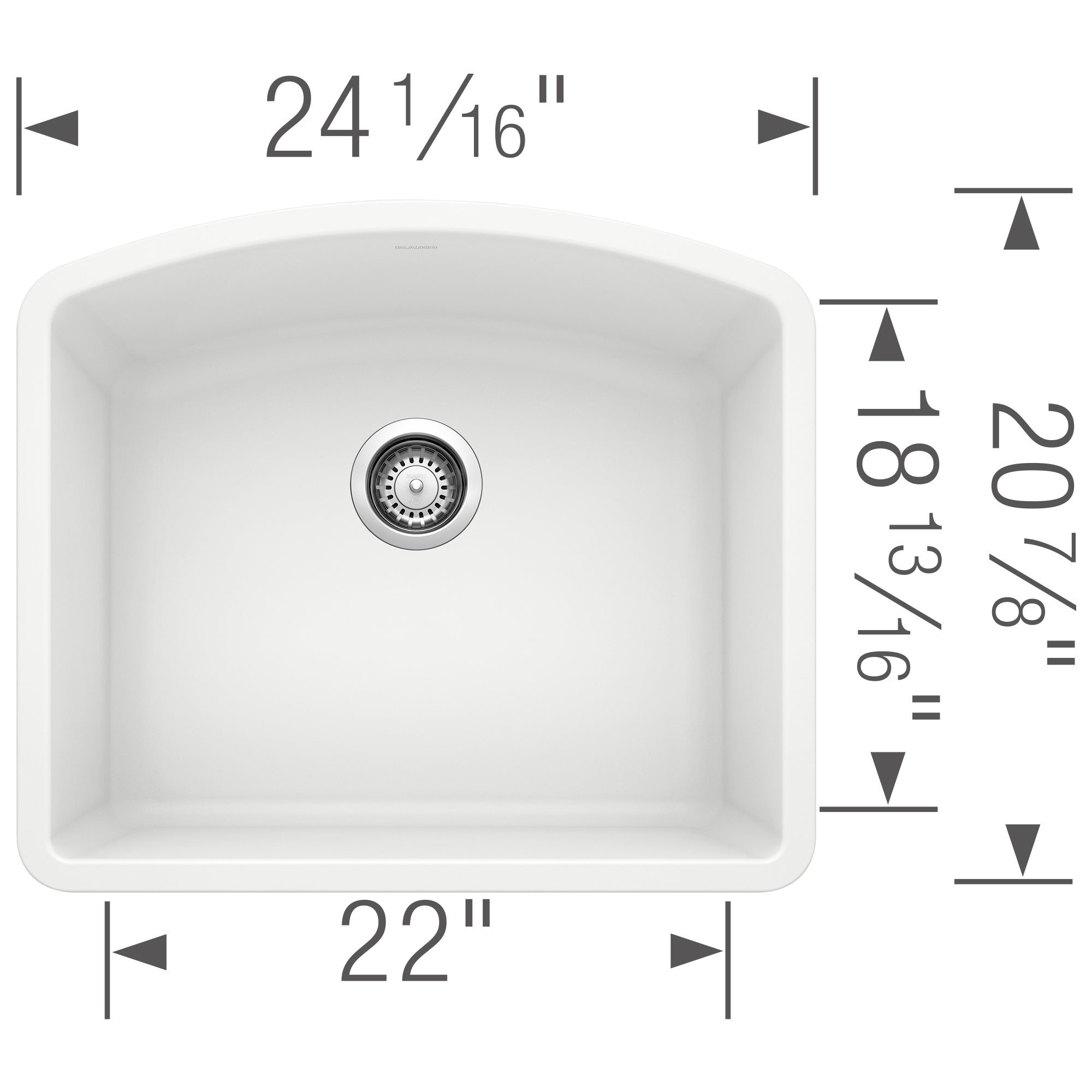 White single-bowl undermount kitchen sink with rounded corners and chrome drain strainer, shown from above with dimensions la