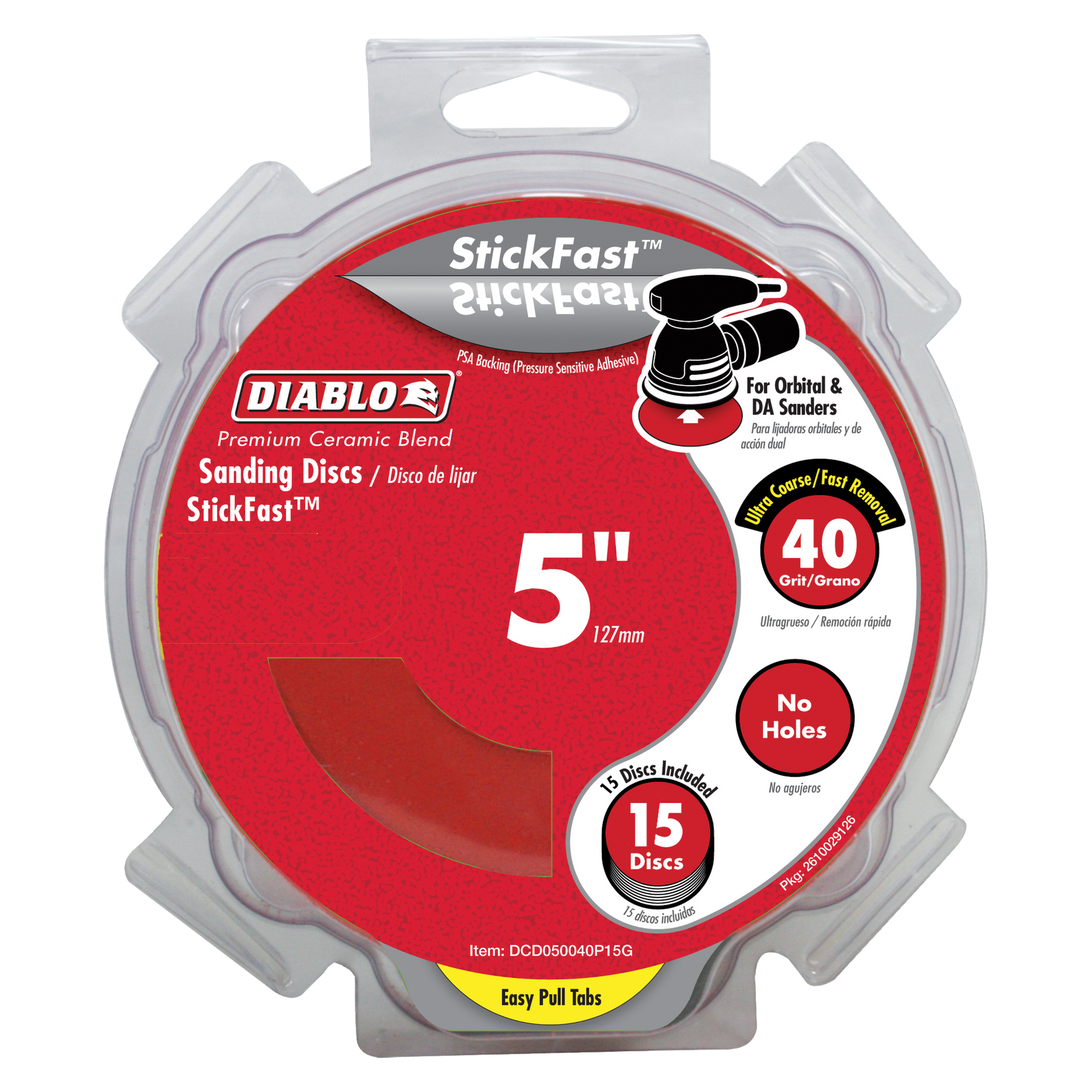 Five-inch Diablo StickFast sanding discs, 40 grit, 15-pack in clear plastic clamshell packaging.