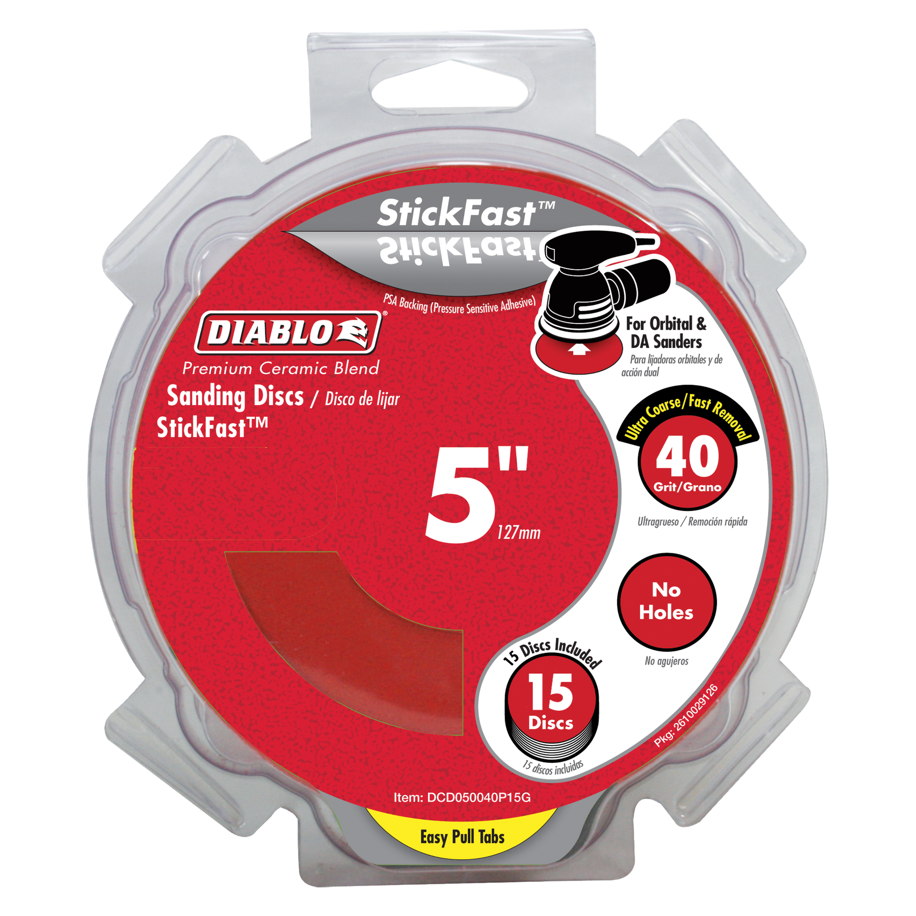 Five-inch Diablo StickFast sanding discs, 40 grit, 15-pack in clear plastic clamshell packaging.