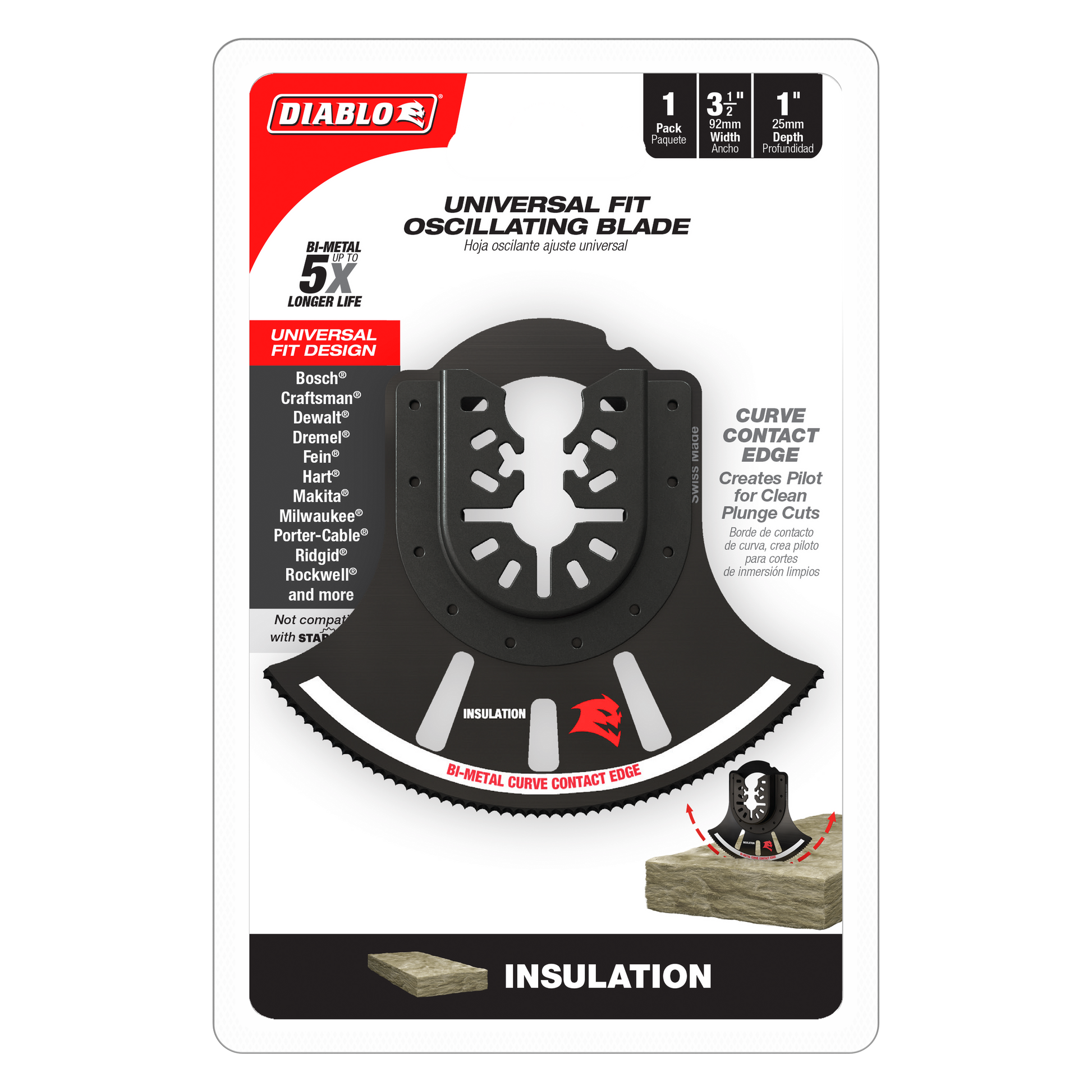 Black bi-metal oscillating blade with curved cutting edge and universal fit mounting for multi-tool use on insulation.