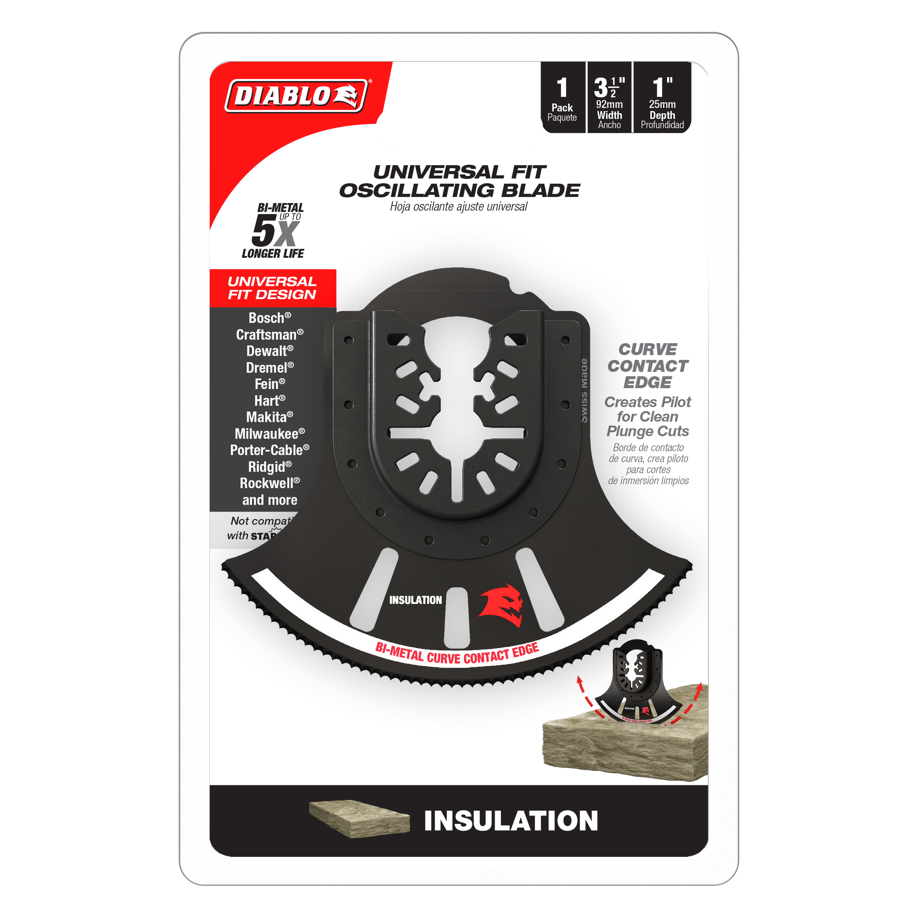Black bi-metal oscillating blade with curved cutting edge and universal fit mounting for multi-tool use on insulation.
