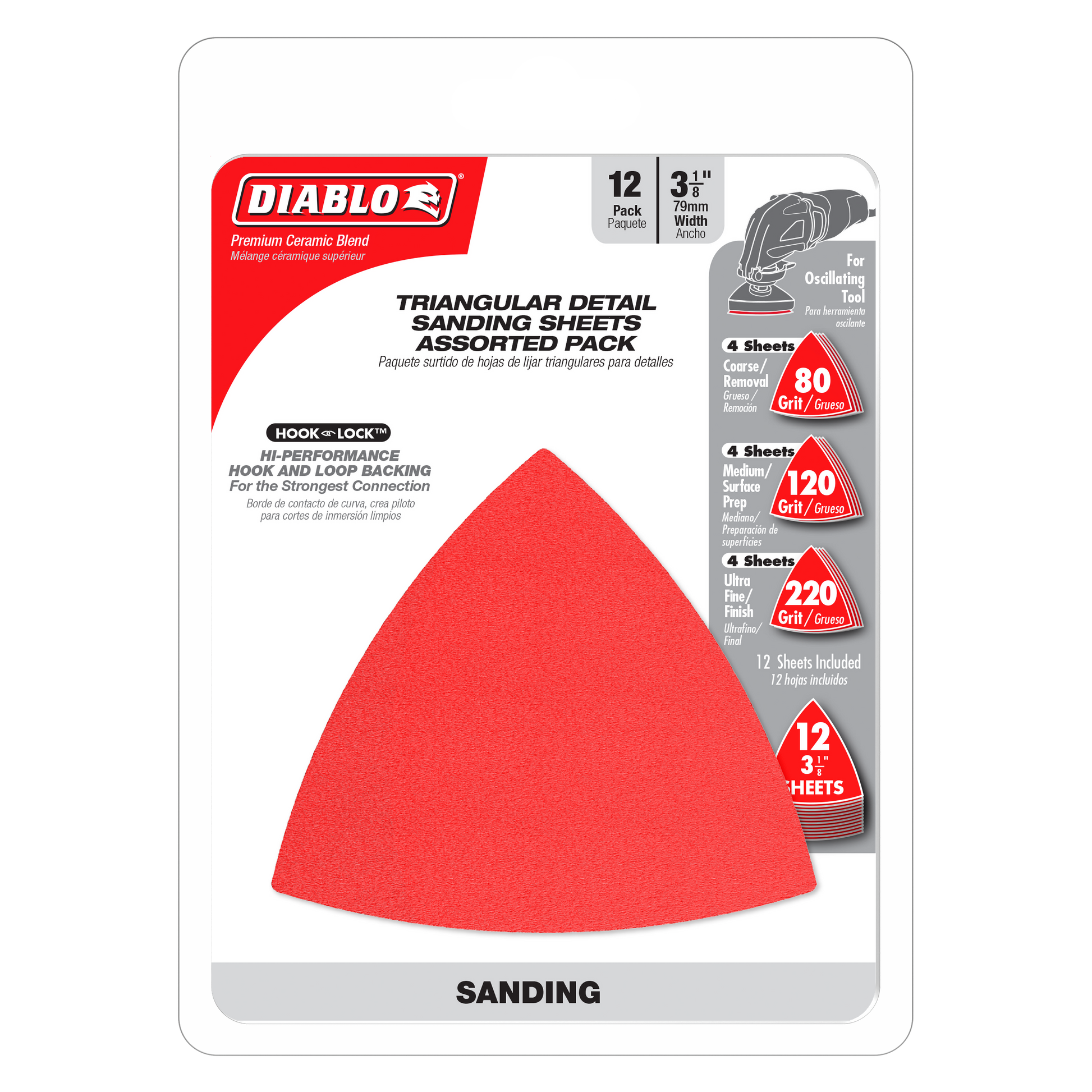 Pack of 12 red triangular sanding sheets in assorted grits (80, 120, 220) with hook-and-loop backing.