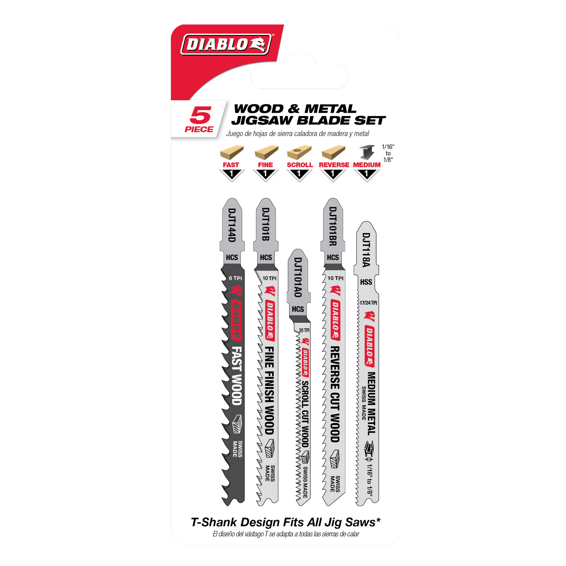 Five Diablo T-shank jig saw blades with varying tooth patterns for wood and metal cutting.
