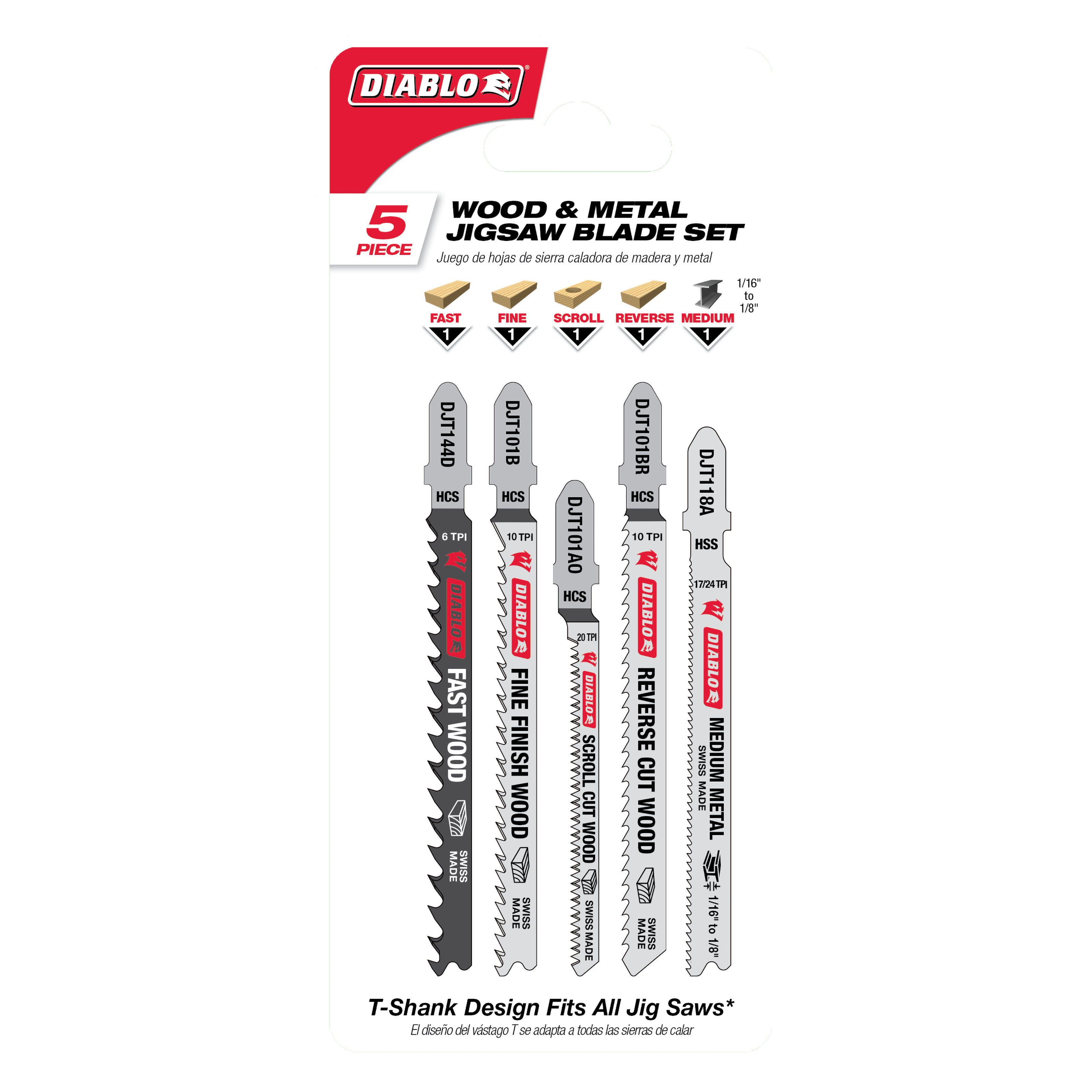 Five Diablo T-shank jig saw blades with varying tooth patterns for wood and metal cutting.