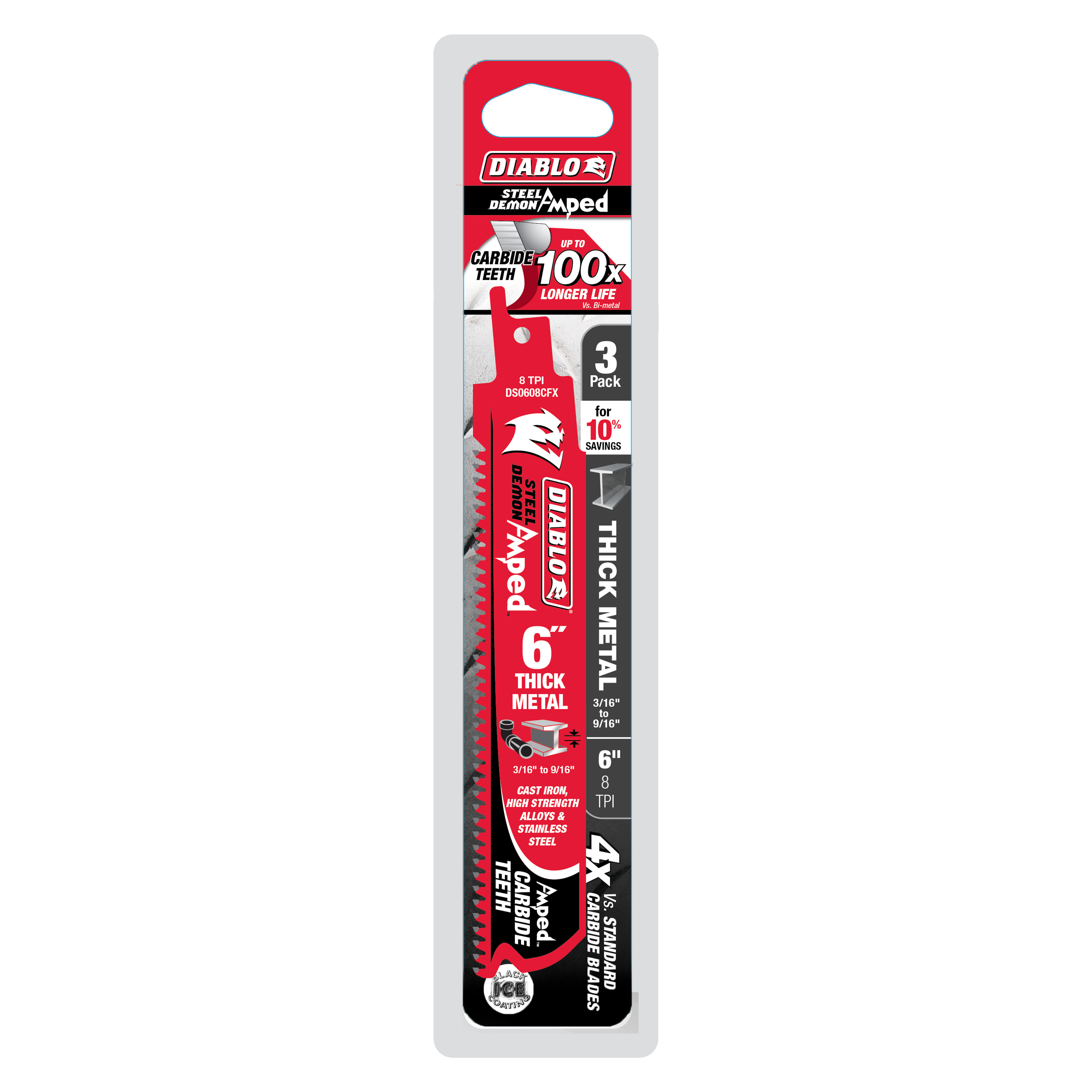 Three 6-inch Diablo Steel Demon Amped carbide-toothed reciprocating saw blades in packaging labeled for thick metal cutting.