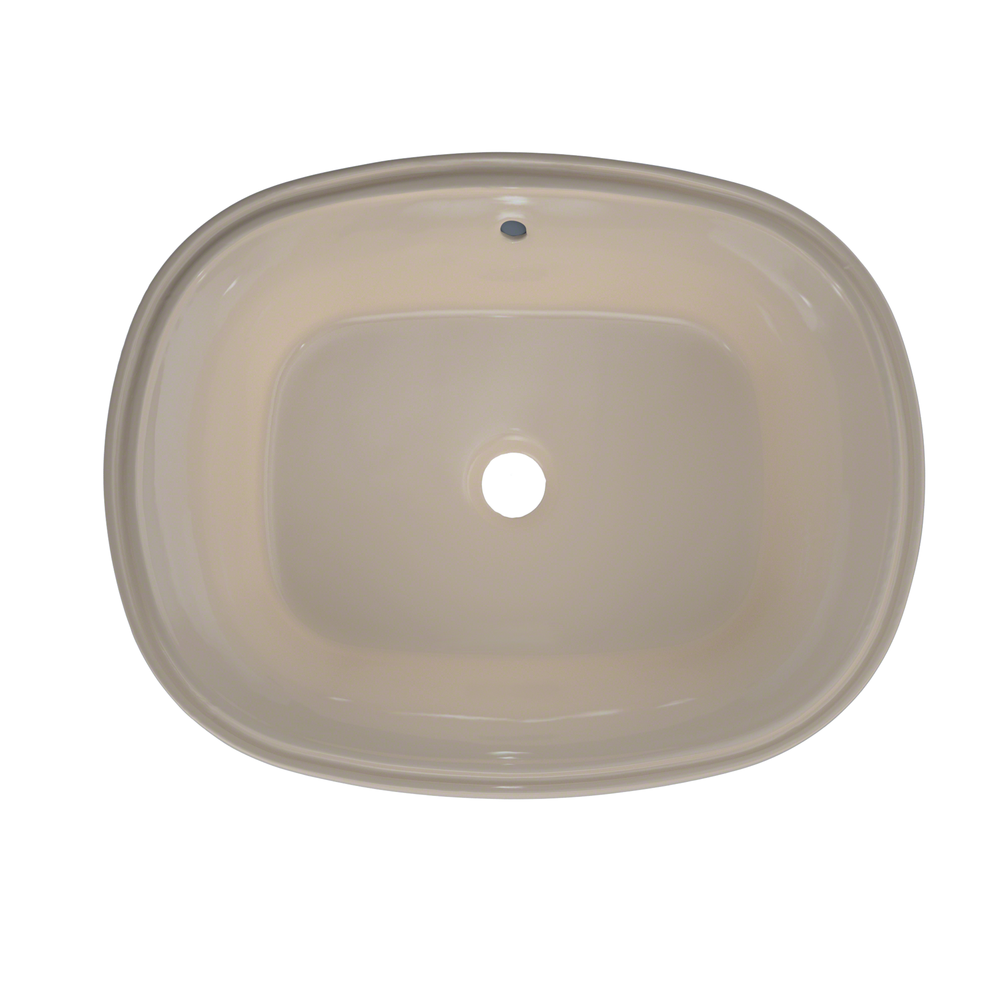 Bone-colored oval undermount bathroom sink with single faucet hole, viewed from above.
