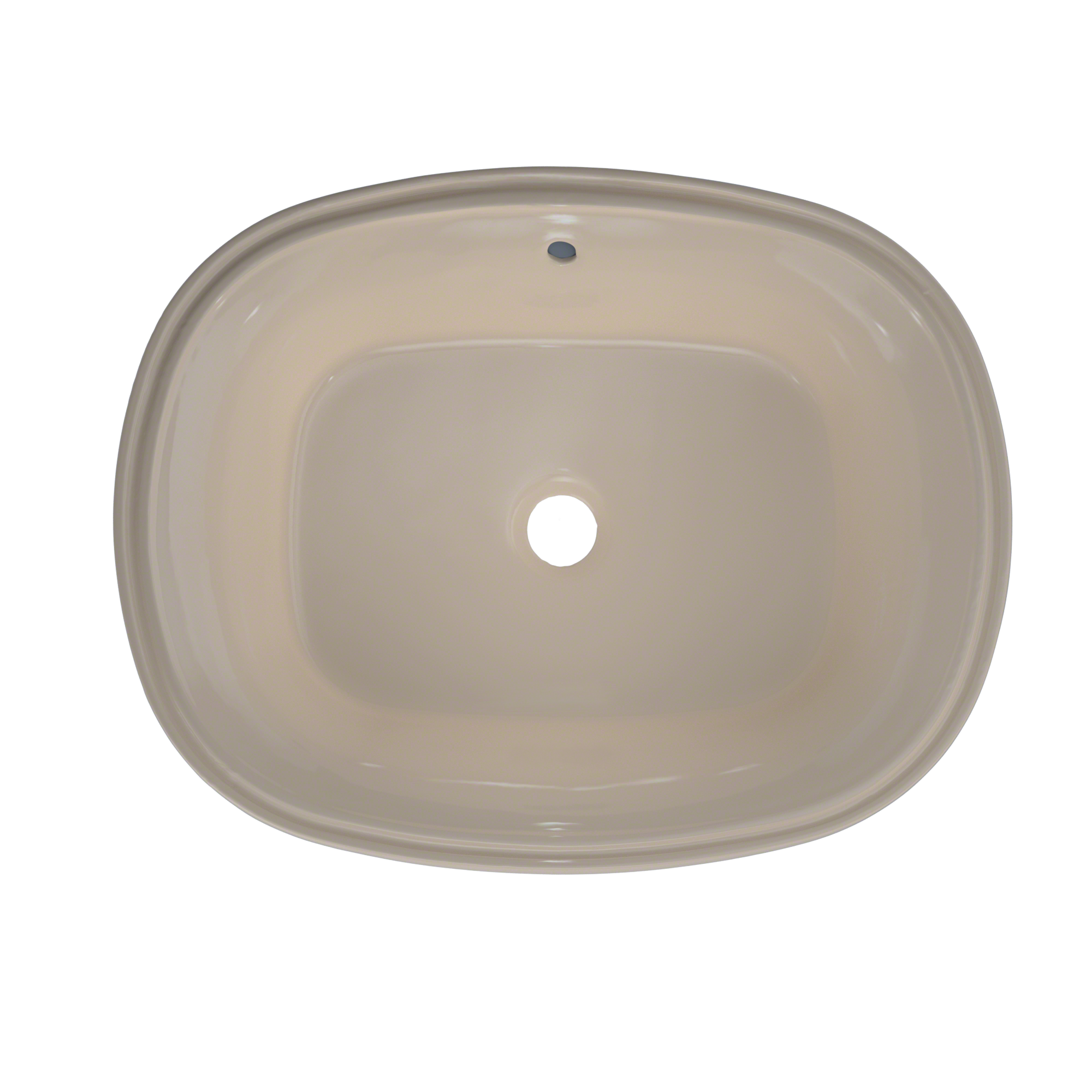 Bone-colored oval undermount bathroom sink with single faucet hole, viewed from above.