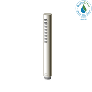 Brushed nickel cylindrical handshower with eight spray buttons along the shaft and threaded connection at base.