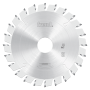 Freud conical scoring saw blade with angled carbide teeth arranged around polished steel disc.