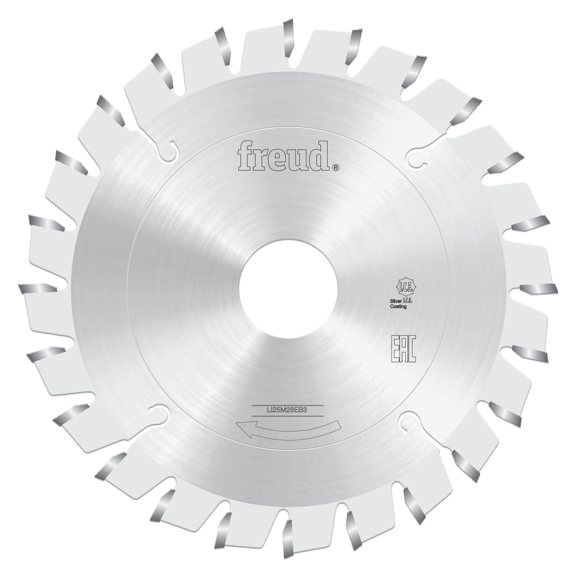 Freud conical scoring saw blade with angled carbide teeth arranged around polished steel disc.