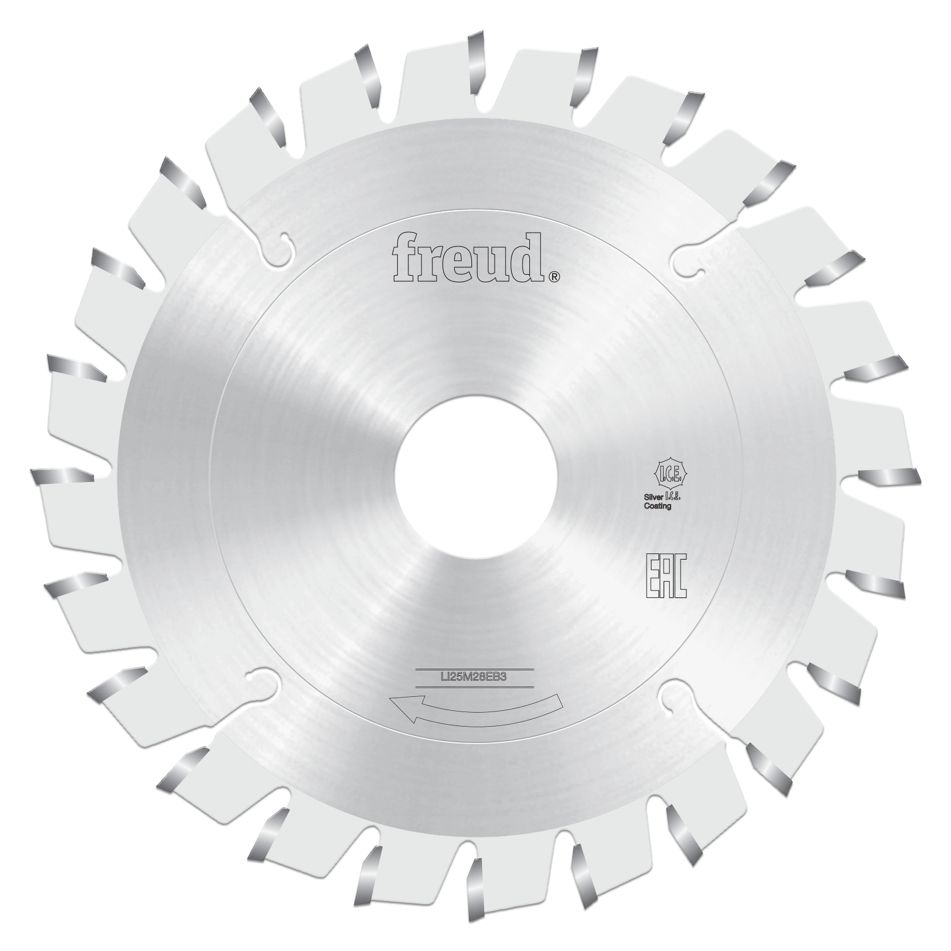 Freud conical scoring saw blade with angled carbide teeth arranged around polished steel disc.