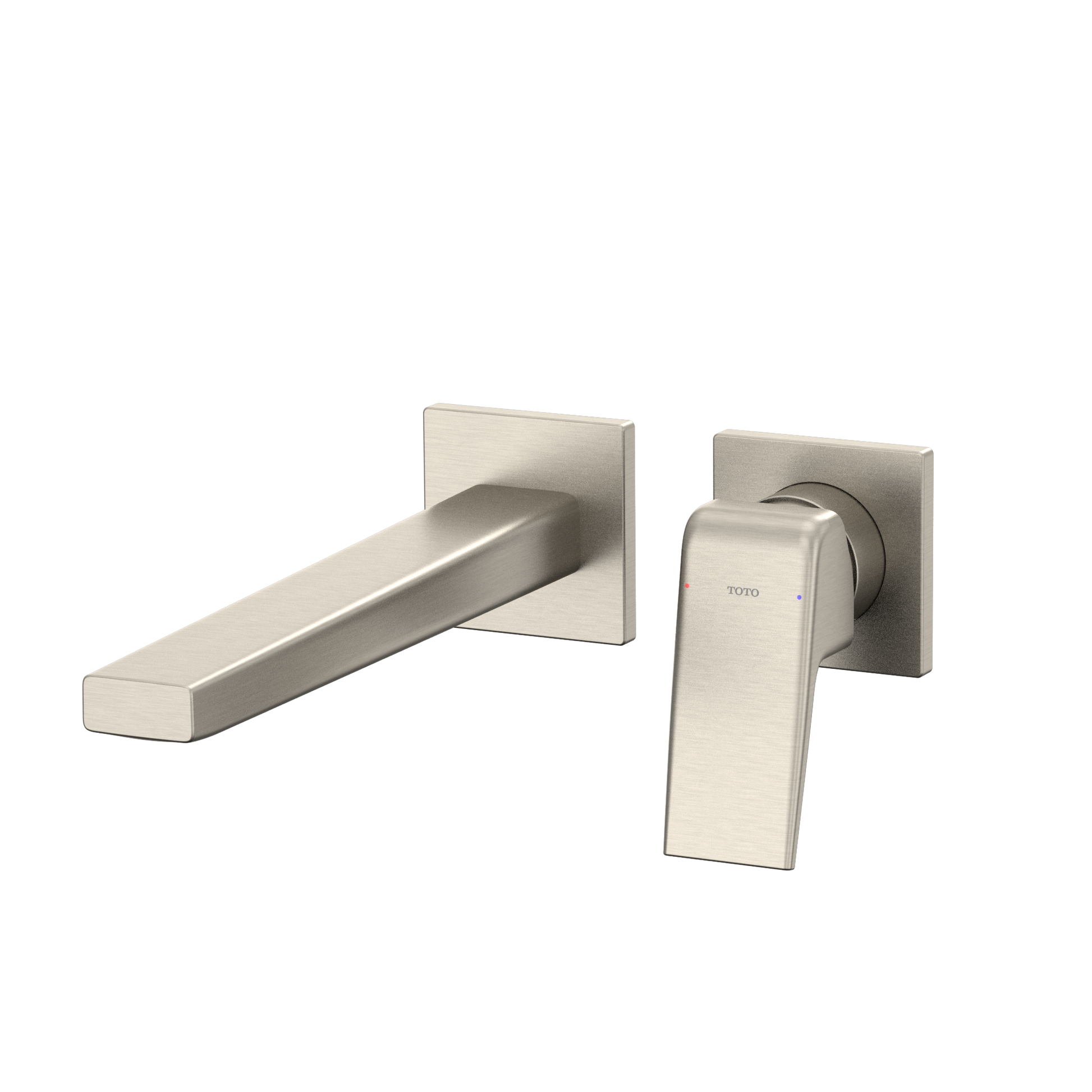 Brushed nickel wall-mount bathroom faucet with single handle lever and extended spout.
