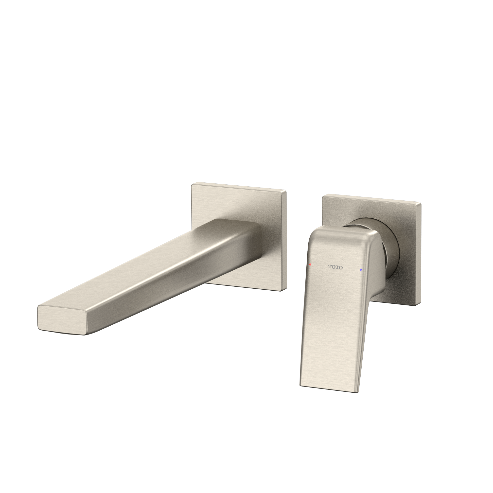 Brushed nickel wall-mount bathroom faucet with single handle lever and extended spout.
