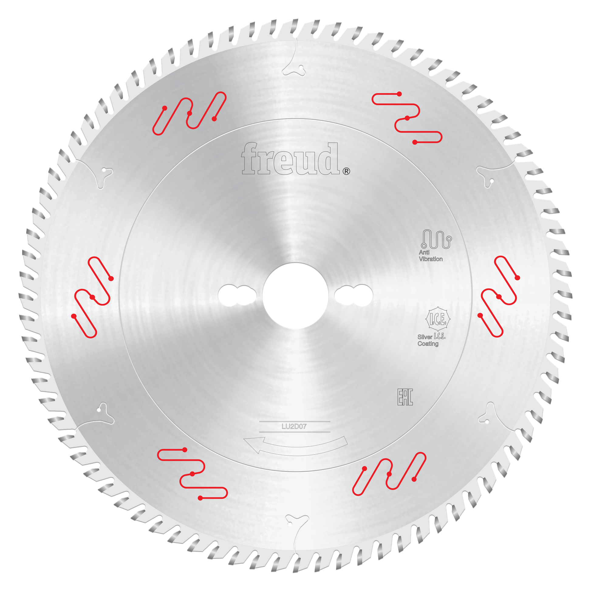 Circular saw blade with carbide-tipped teeth around edge, central arbor hole, and anti-vibration markings in red.