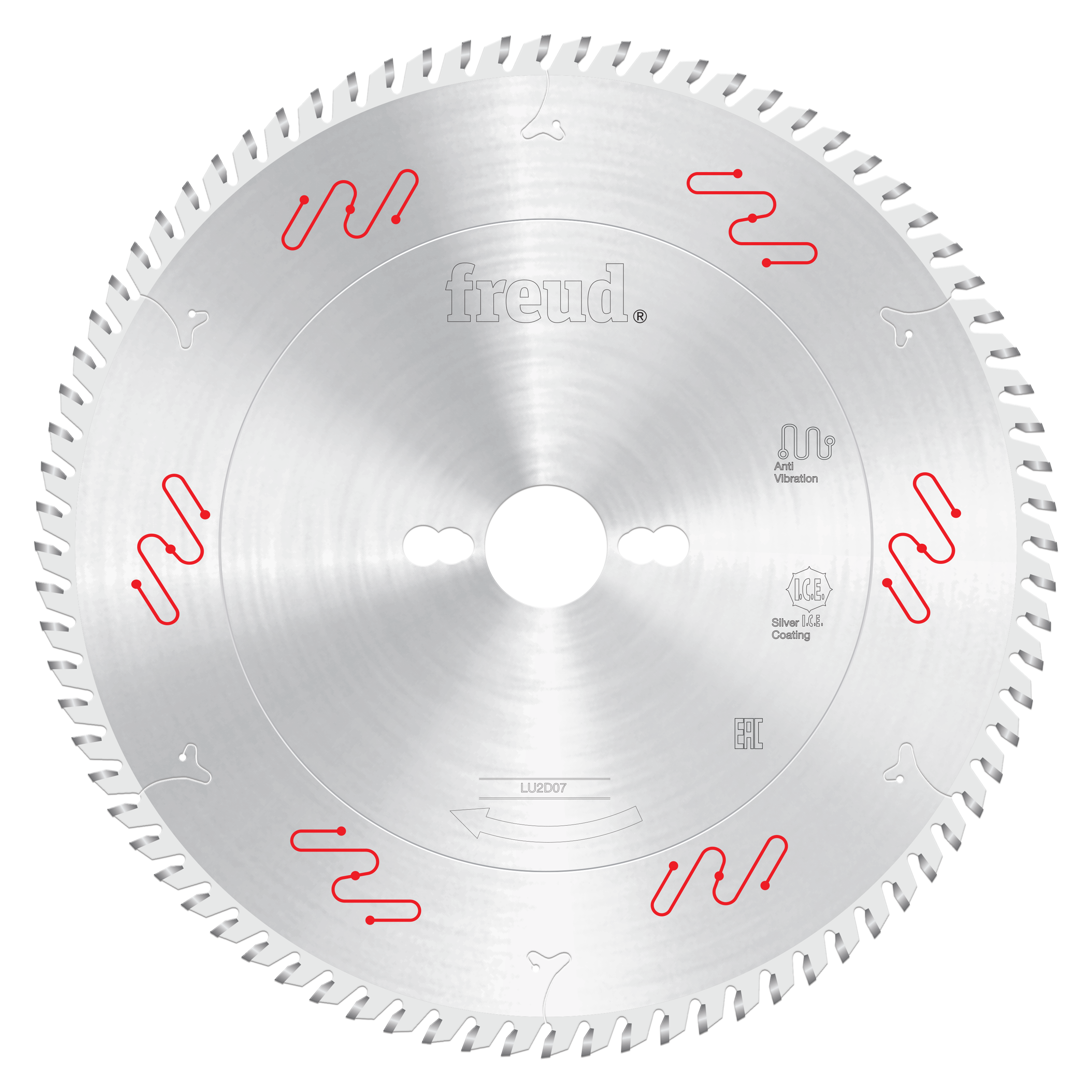 Circular saw blade with carbide-tipped teeth around edge, central arbor hole, and anti-vibration markings in red.