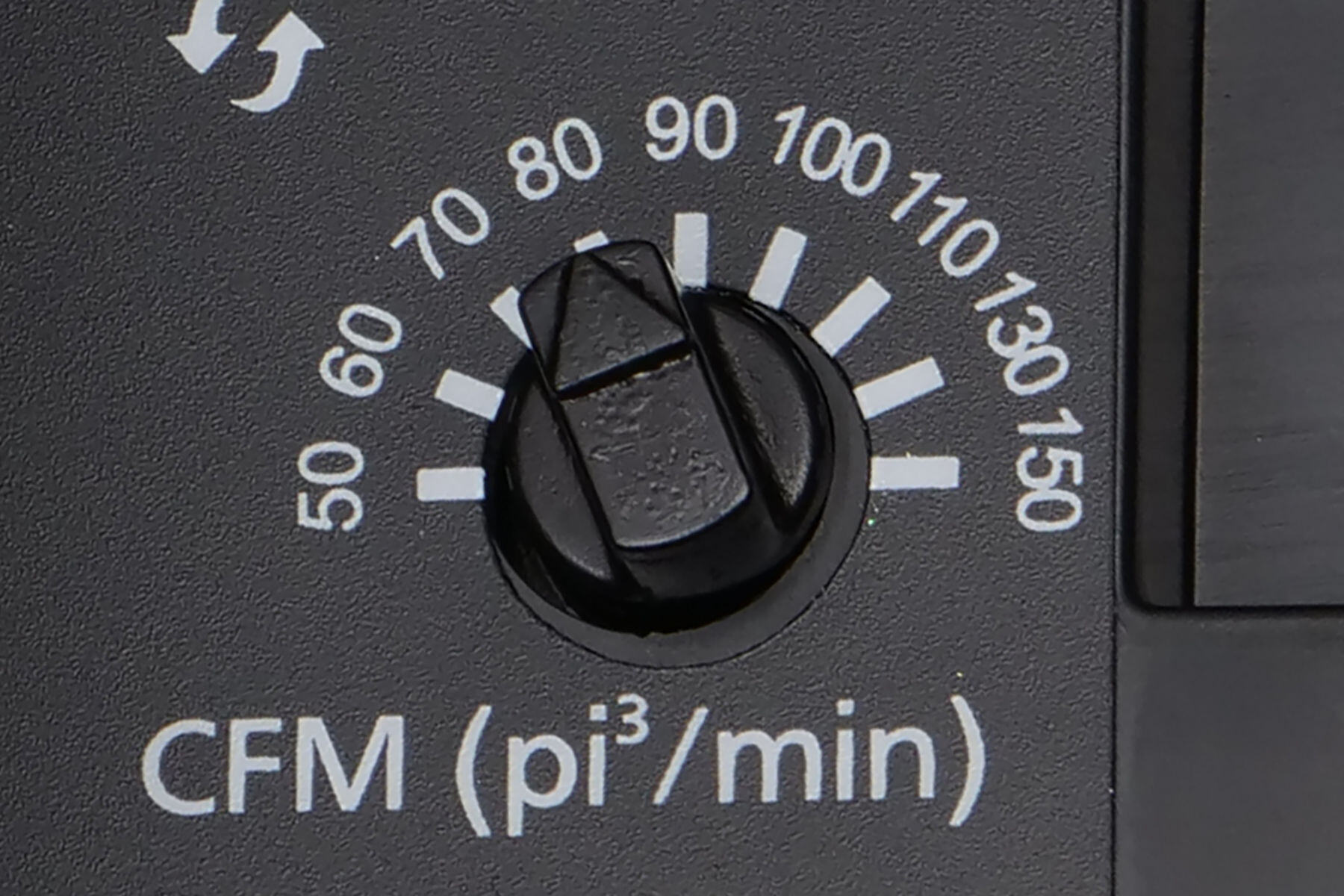 Black rotary dial control displaying CFM settings ranging from 50 to 150 cubic feet per minute.