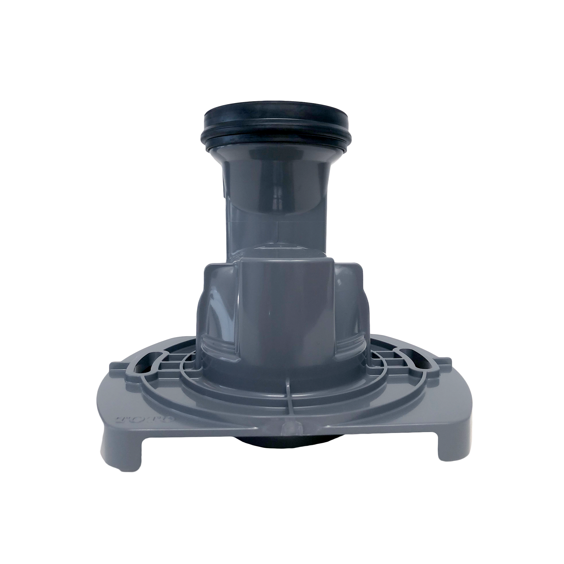 Dark gray plastic toilet trapway adapter with cylindrical outlet and wide base flange.