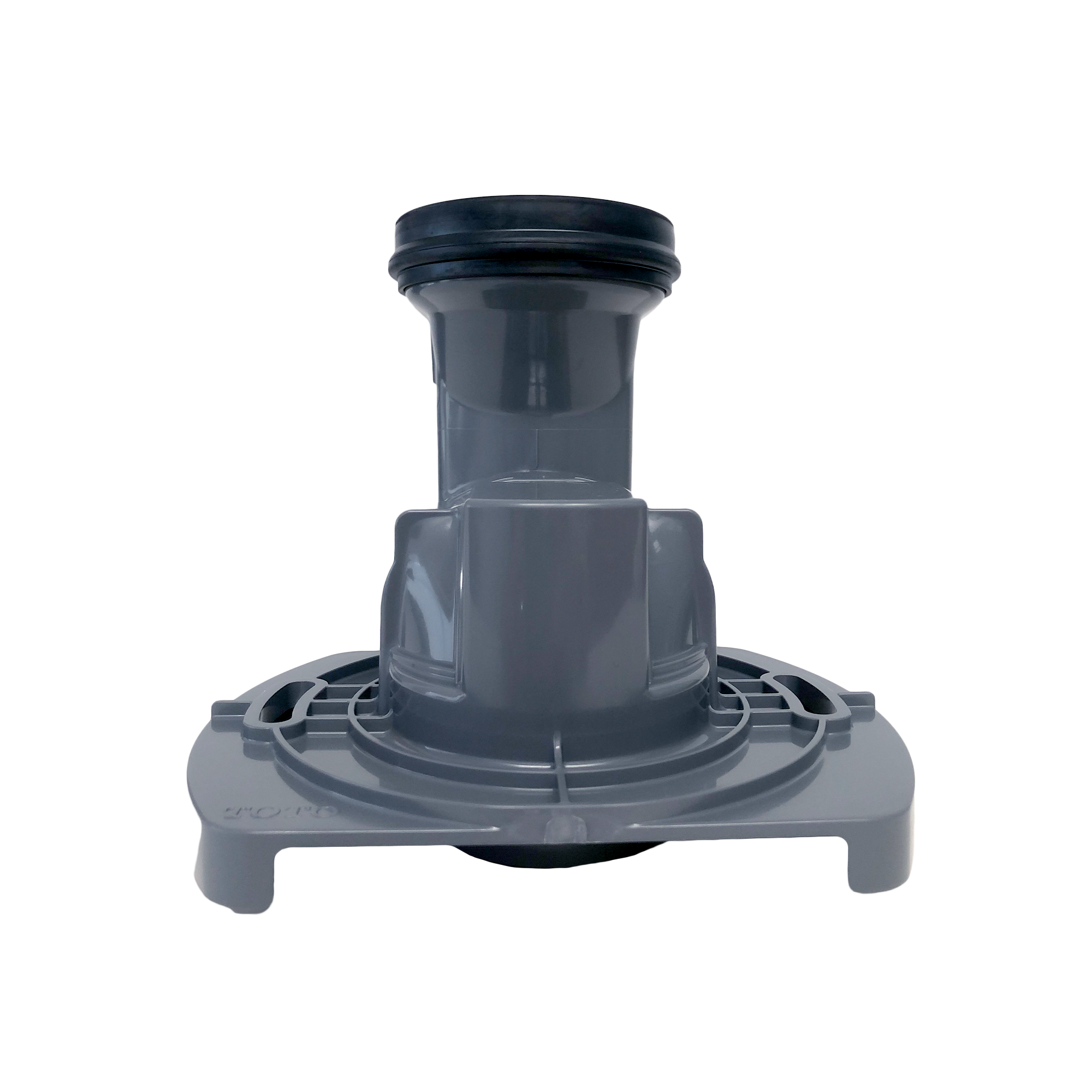 Dark gray plastic toilet trapway adapter with cylindrical outlet and wide base flange.