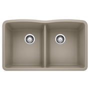 Truffle-colored double bowl undermount sink with chrome drain strainers and divider.