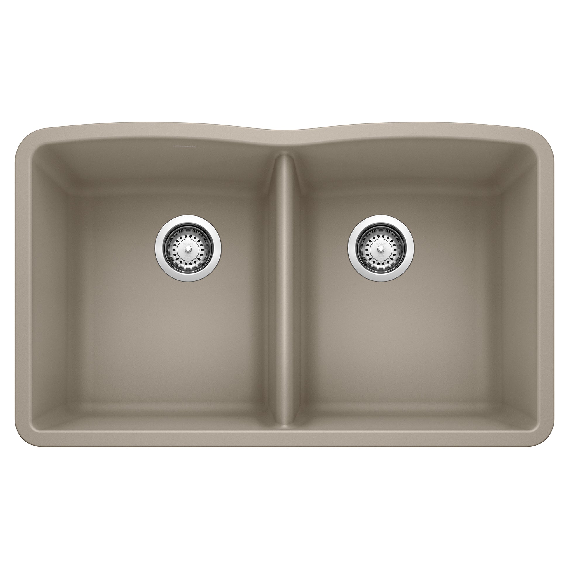 Truffle-colored double bowl undermount sink with chrome drain strainers and divider.