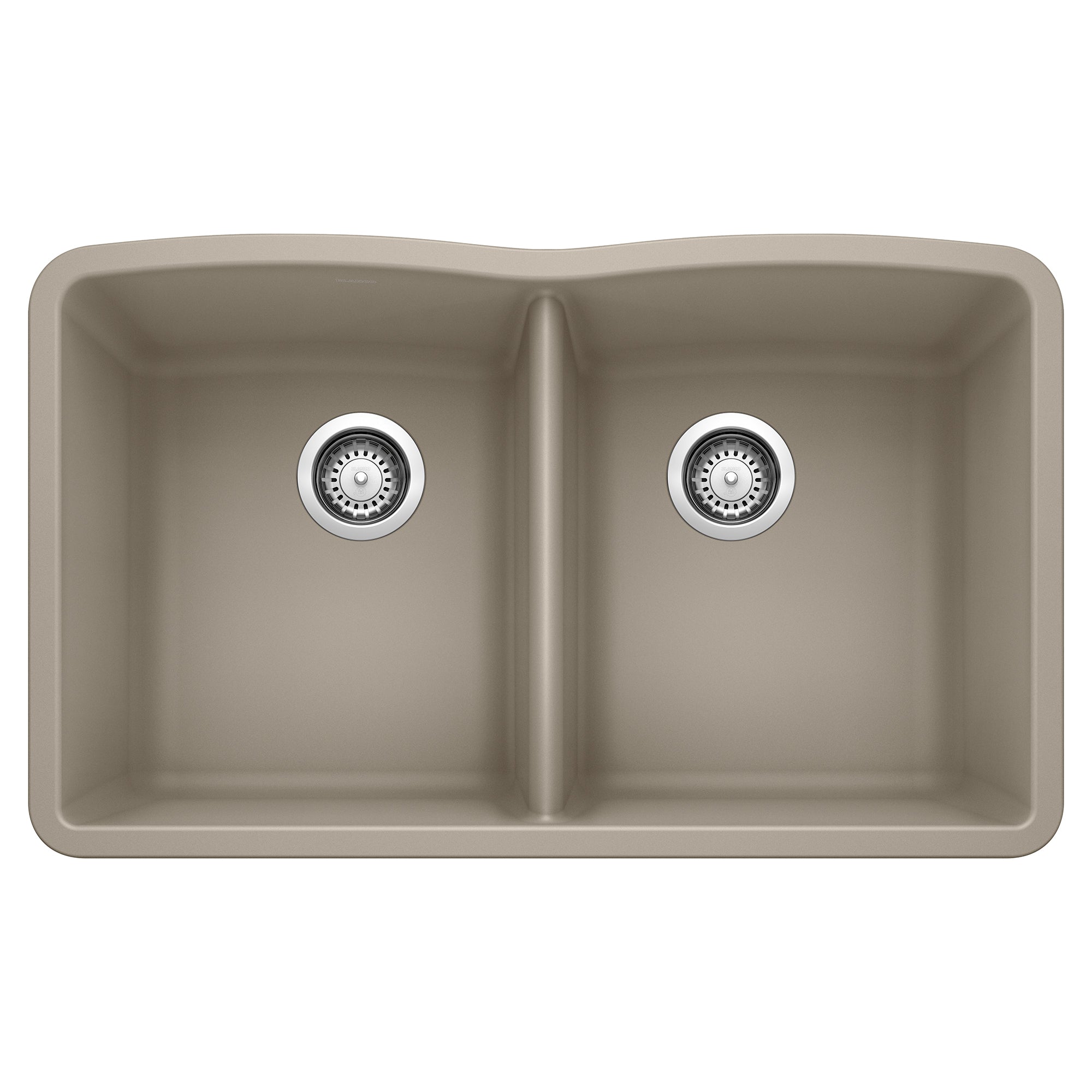 Truffle-colored double bowl undermount sink with chrome drain strainers and divider.
