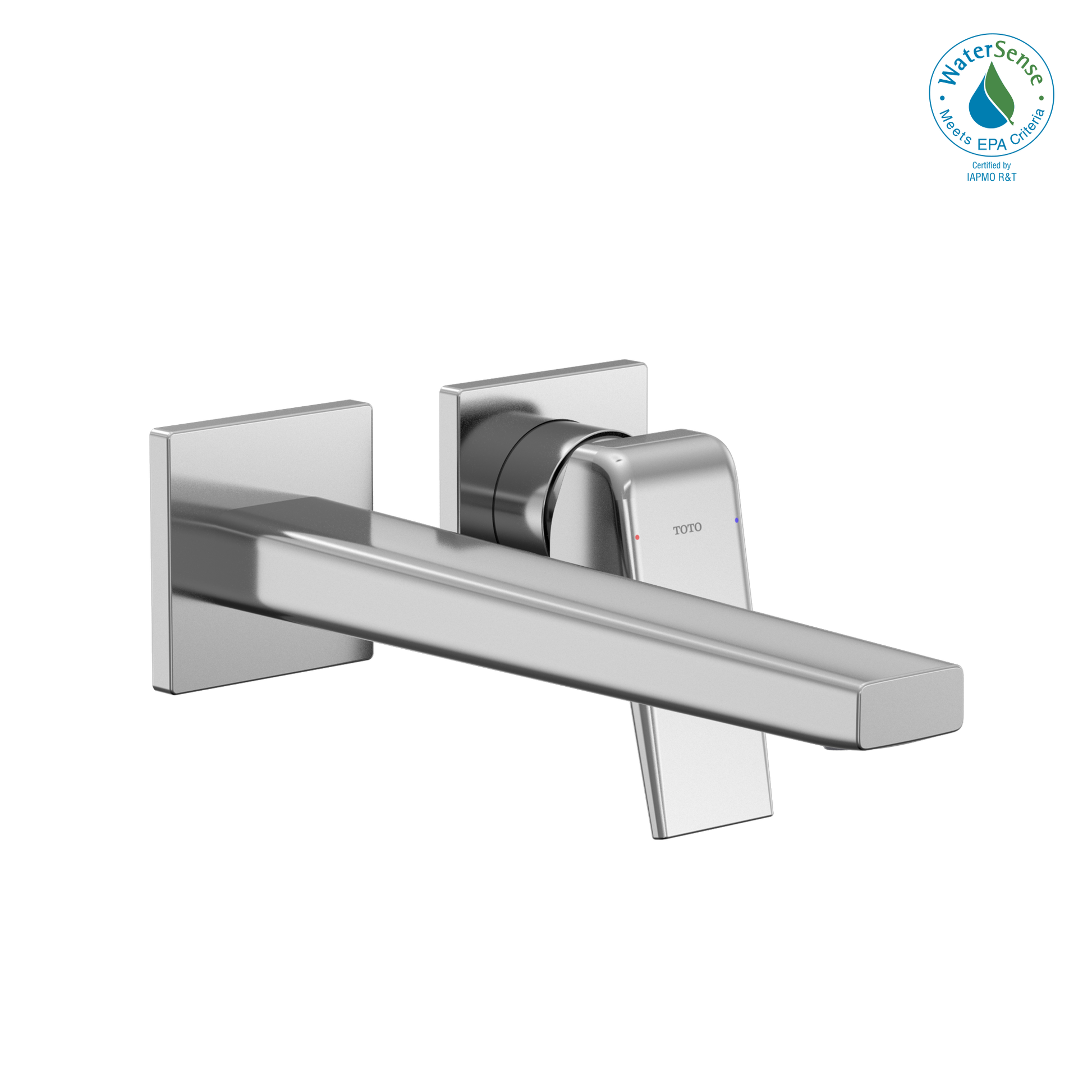 Polished chrome wall-mount bathroom faucet with single handle and long spout extending from square mounting plates.