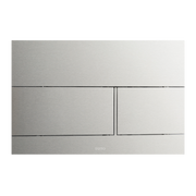 Stainless steel dual flush push button plate with two rectangular buttons separated by vertical divider.