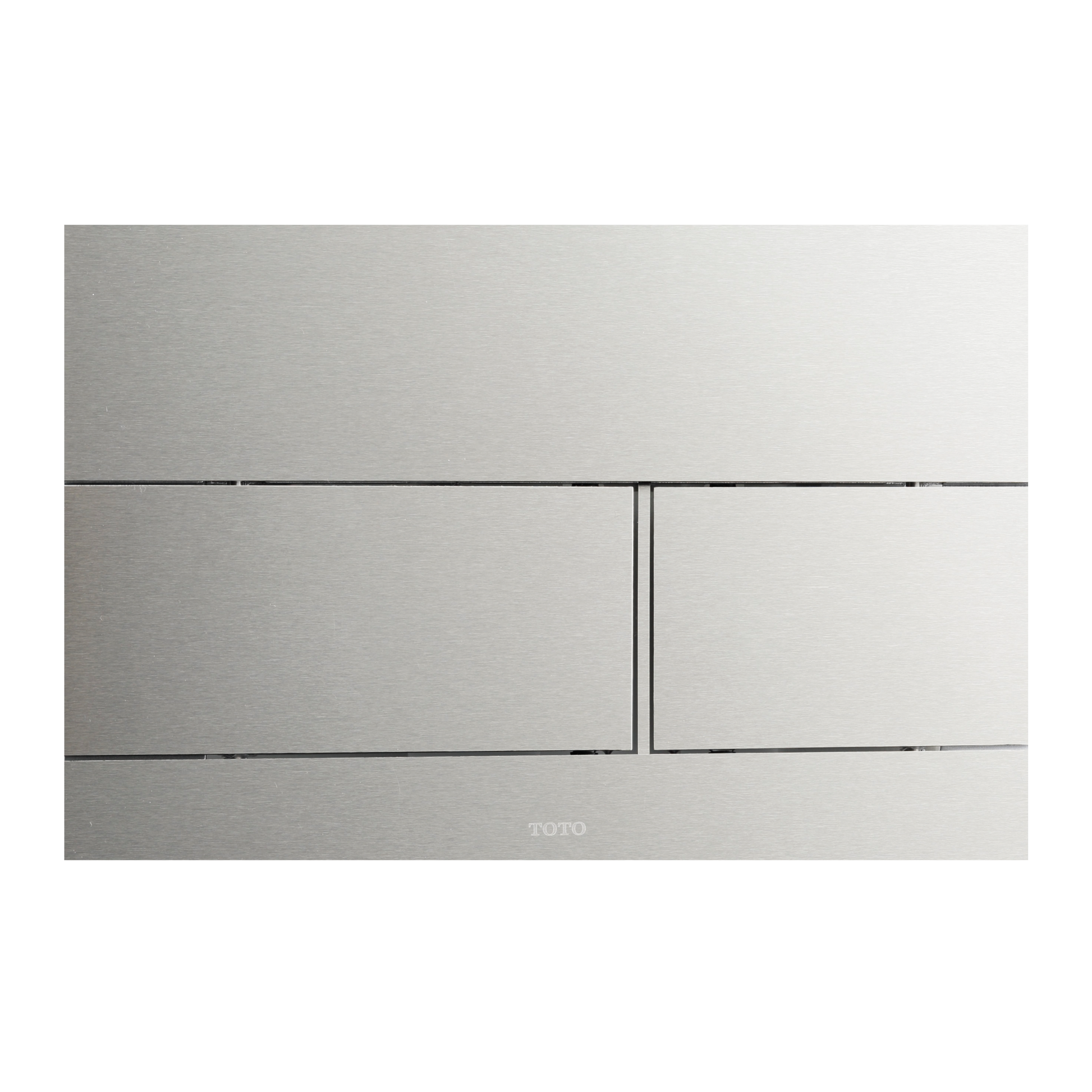 Stainless steel dual flush push button plate with two rectangular buttons separated by vertical divider.