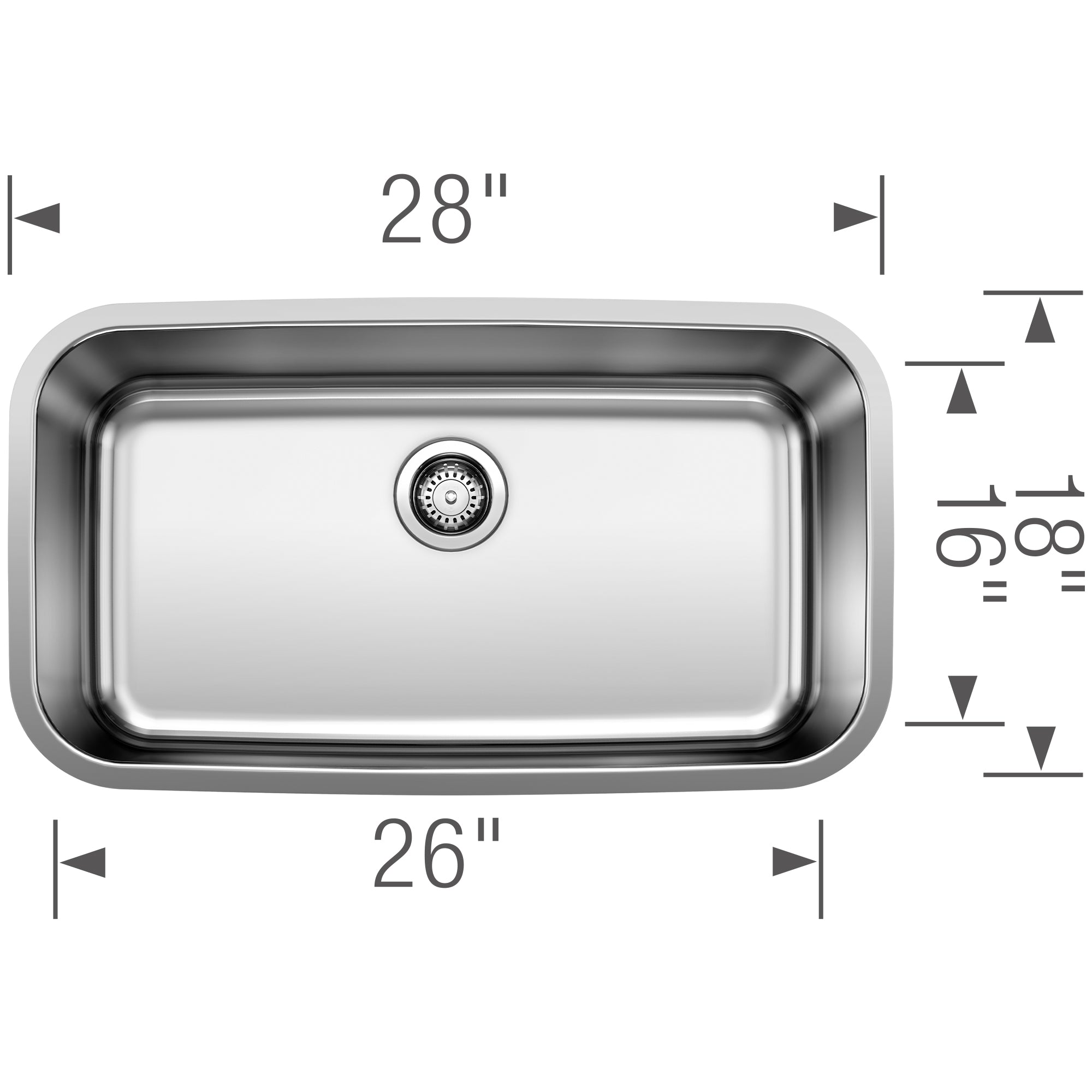 Stainless steel undermount sink with single bowl, 28" width and 26" depth, featuring rounded corners and center drain.
