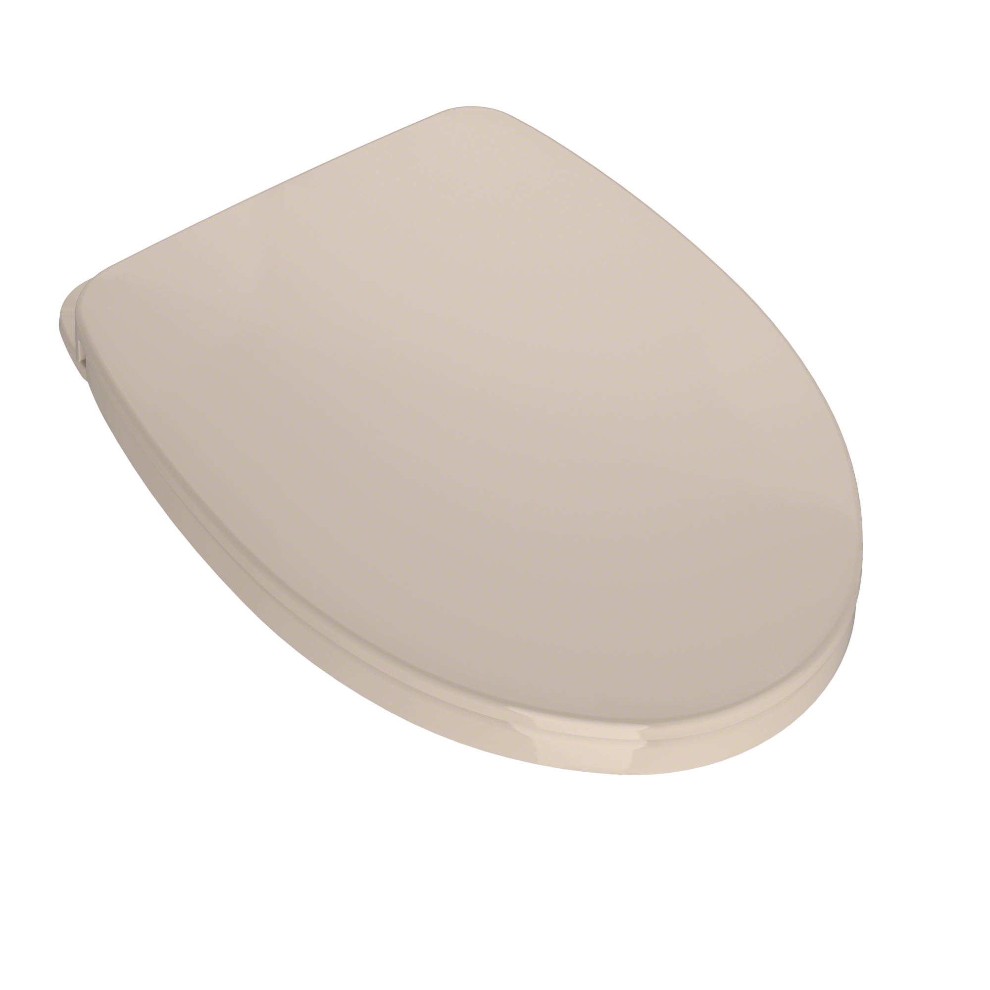 Bone-colored elongated toilet seat and lid with soft-close mechanism.