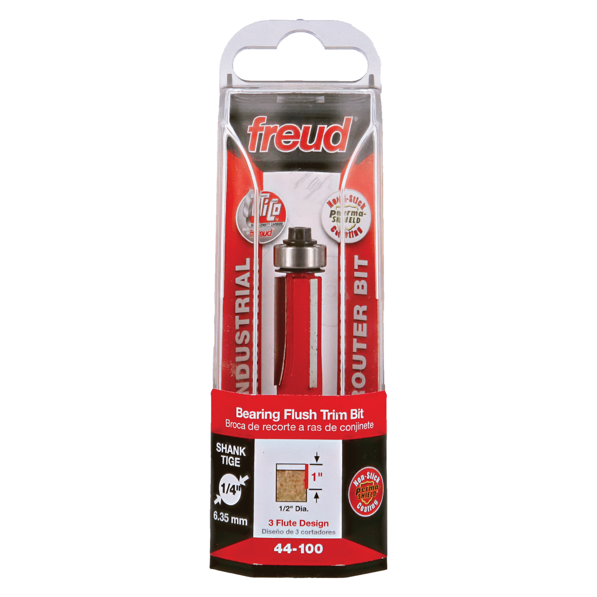Freud bearing flush trim bit with 1/2" diameter, 1/4" shank, and 3-flute design in red packaging.