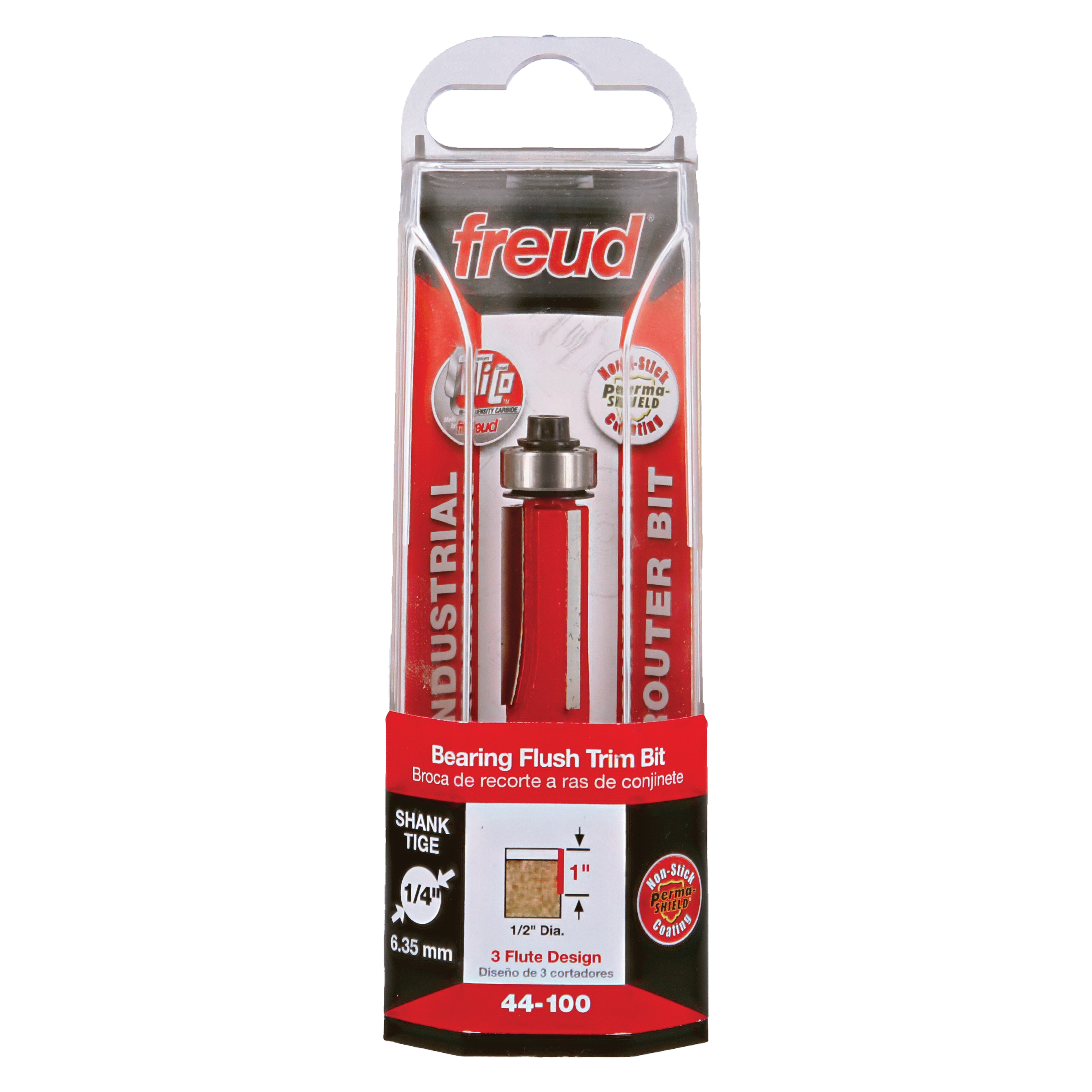 Freud bearing flush trim bit with 1/2" diameter, 1/4" shank, and 3-flute design in red packaging.