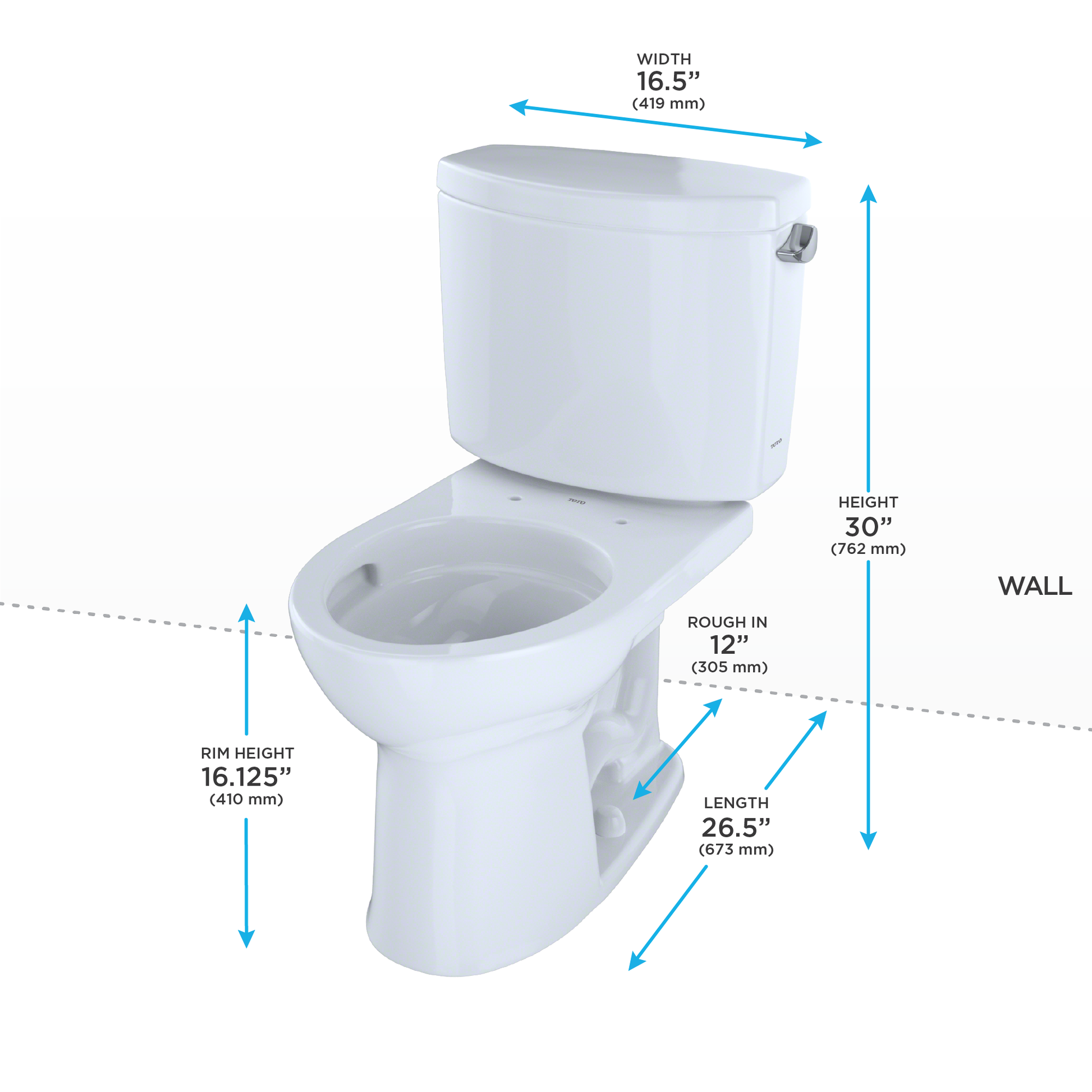 White two-piece round toilet with tank, lever on right side, and dimension measurements labeled.