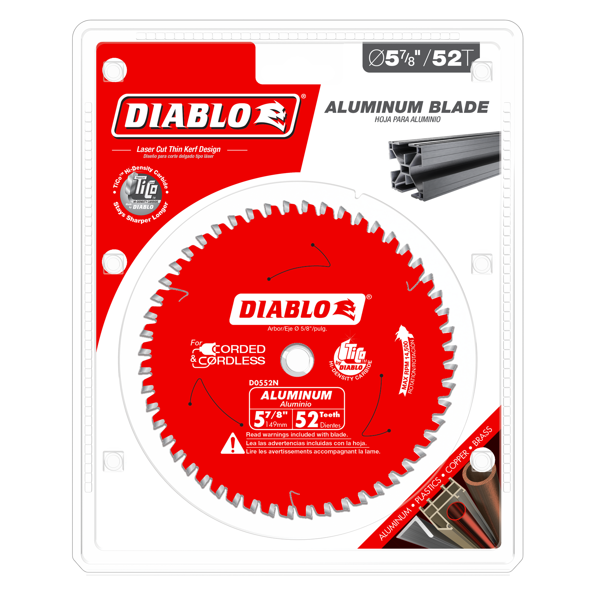 Red circular saw blade with 52 teeth on white packaging labeled Diablo aluminum blade, 5-7/8 inch diameter.