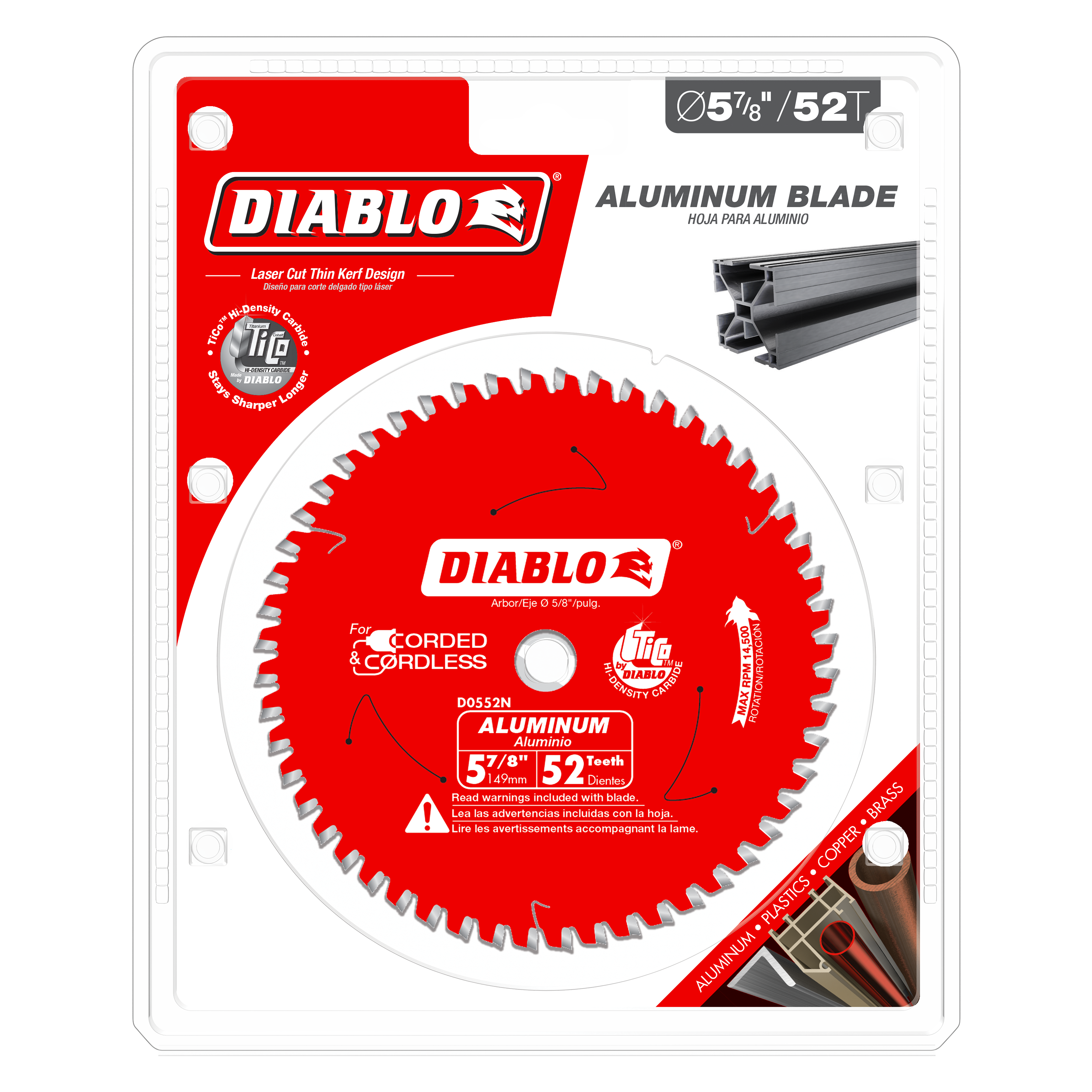 Red circular saw blade with 52 teeth on white packaging labeled Diablo aluminum blade, 5-7/8 inch diameter.